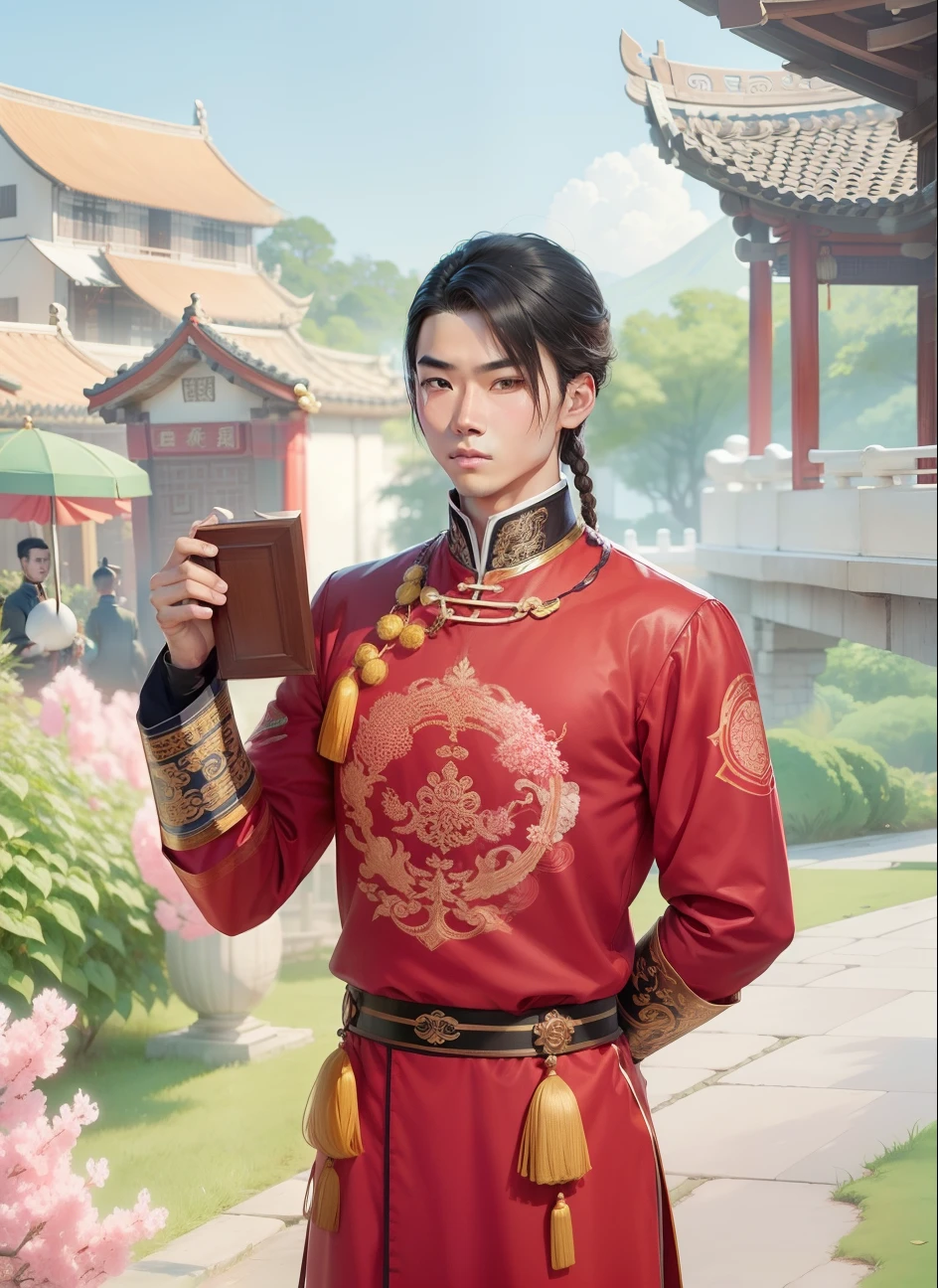 Homem, Chinese, jovem, adolescente, usa trajes orientais chineses, Manchu