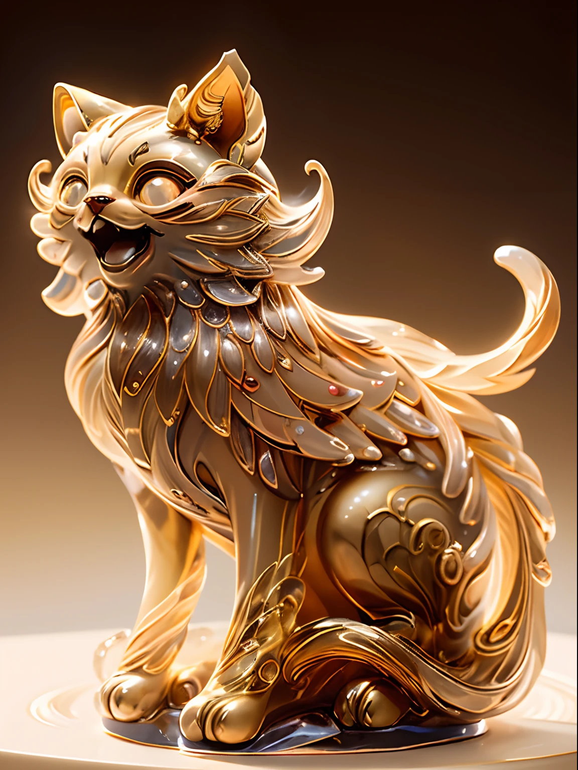 Glass statue of a cat,Bling background,Dreamy colors,Transparent statue,florals,Big eyes,golden colored,Open-mouthed,laughing,tmasterpiece,(best qualtiy:1.3), full bodyesbian,Ling_Long