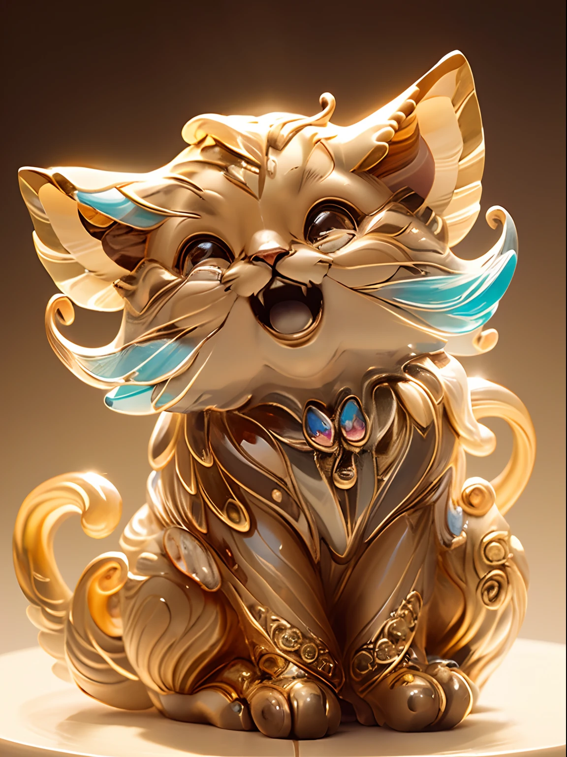 (best quality,high resolution)Snow leopard cub wearing golden slime,Wearing golden slime short sleeves,kneeling,In the room