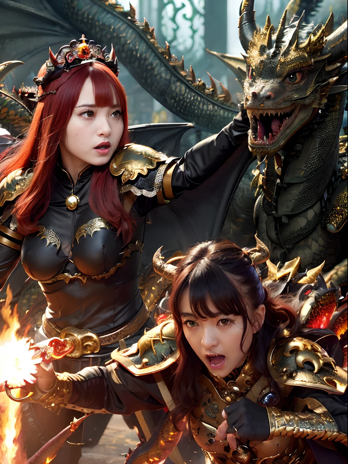 (The Ultimate Beauty Face), Professional , masterpiece、top-quality、photos realistic , depth of fields (Gemstone Black Metal Body:1.4),(Matte Black、(cleavage of the breast)、Dragon Gold Weapon,Mystical expression、Particles of light、((((Fight dragons)))、(Dragon Metal Body:1.4),Gorgeous Silver Weapons ,(( Dragon's dense and gorgeous sword)) , Beautiful knife ,warhammer 40k , adepta sororitas,Detail and gorgeous crown、((Red hair))、(Castle background)、、((Gangle's forest background))、Beautiful Caucasian beauty、1a person、dynamic ungle,(((Detailed and ornate Black Devil Crown)))、Smaller head、A smile、Castle background、Thin and beautiful female hands、cleavage of the breast、Soldier in iron armor on background、Mystical expression、Light Effects、intense fighting、Wind-effect、magic circles、With the legendary magic wand、(demonic wings)、