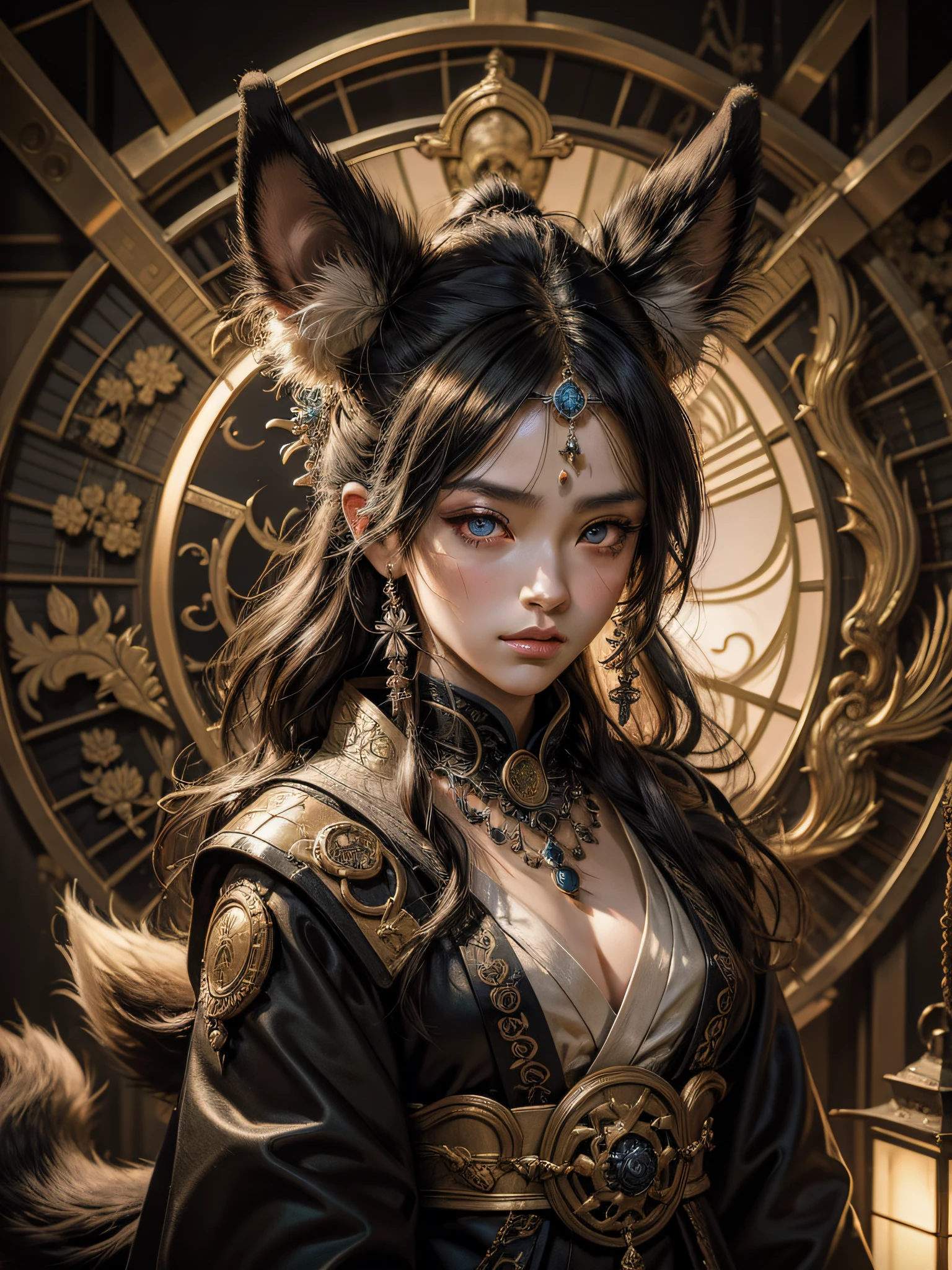 Gloomy Kitsune with fur around her neck and waist, Wearing five tails, Dusty details of ornaments, The battle is tired, chic kimono, Epic, scar on face, Portrait of the DND character, Intricate, 8K resolution, dinamic lighting, hyper-detailing, Unreal 5, voluminous lighting, Alphonse Mucha, Pre-Raphaelites, Detailed background, a Mandala, Detailed Face, A detailed eye, neon eyes