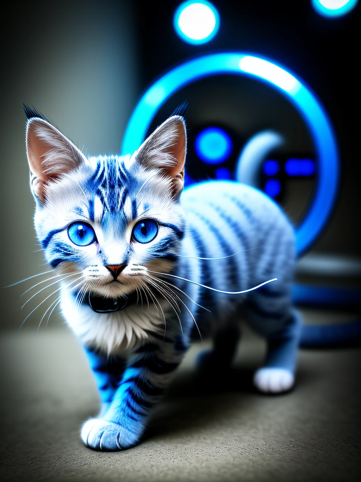 a cute blue eyes kitten made out of metal, (cyborg:1.1), ([tail | detailed wire]:1.3), (intricate details), hdr, (intricate details, hyperdetailed:1.2), cinematic shot, vignette, centered