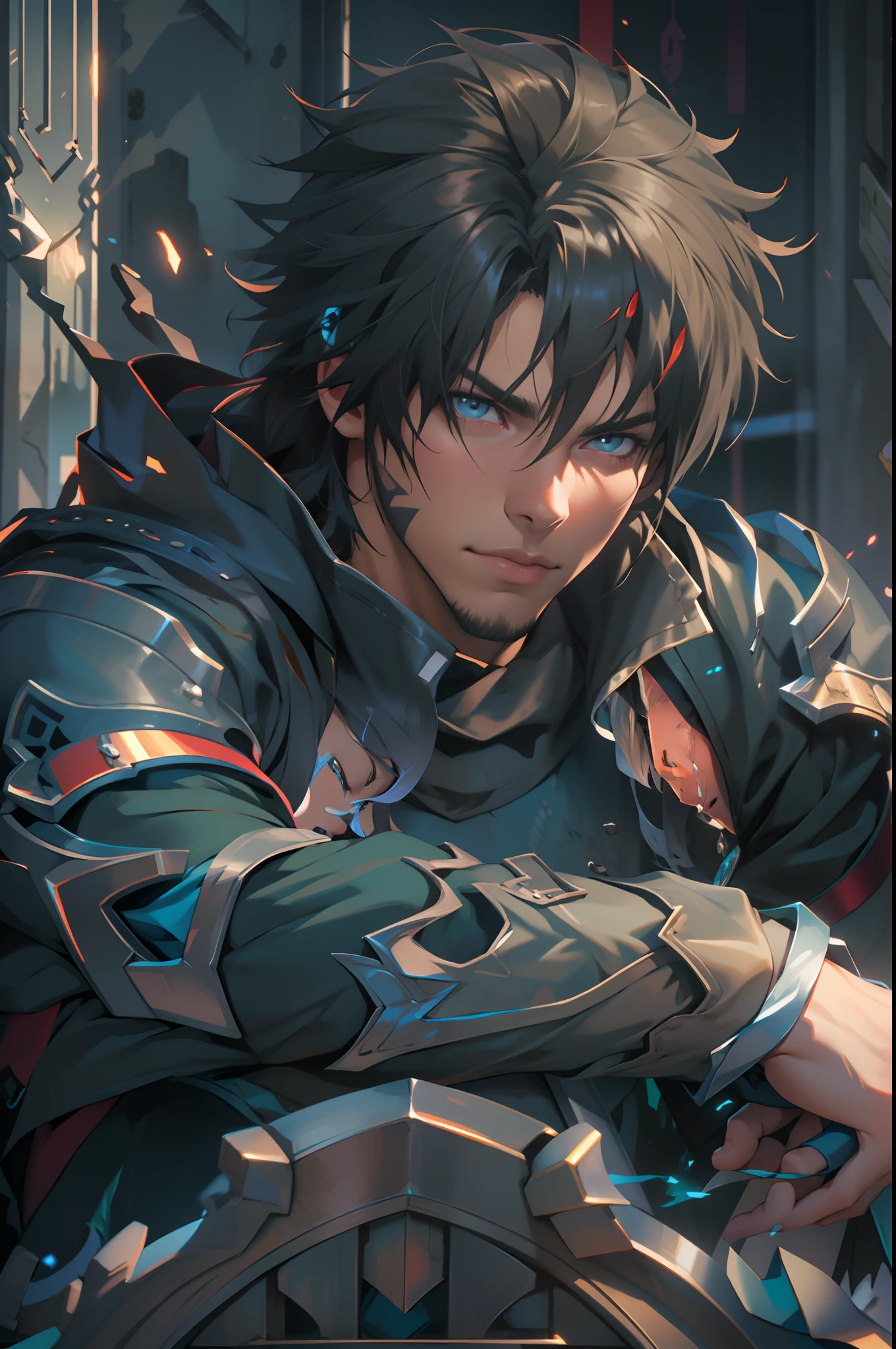 (absurdos, Altas Resoluciones, Ultra detallado, HDR), Obra maestra, La mejor calidad, final fantasy xvi, clive rosfield, 1hombre solamente, guapo, pelo corto, cabello negro, Ojos azules vibrantes, ojos finos y cara detalladas, Armadura, ((Arma intrincada)), Sentado en el trono, piernas abiertas, sonrisa afectada, molesto. Final Fantasy, clive rosfield,, abs, badass pose, Chico de anime en una cama con las manos en la cabeza, Hermosa pose de anime, Anime hombre guapo, Personaje masculino de anime, Badass Anime 8K, Arte detallado del personaje de anime, Concepto de anime HDR Anime MacManus, Chico anime, Ikuto Yamashita, Anime CG arte suave, Fondo de pantalla de manga 4 k, inspirado por Yamagata Hiro, Wallaper de anime