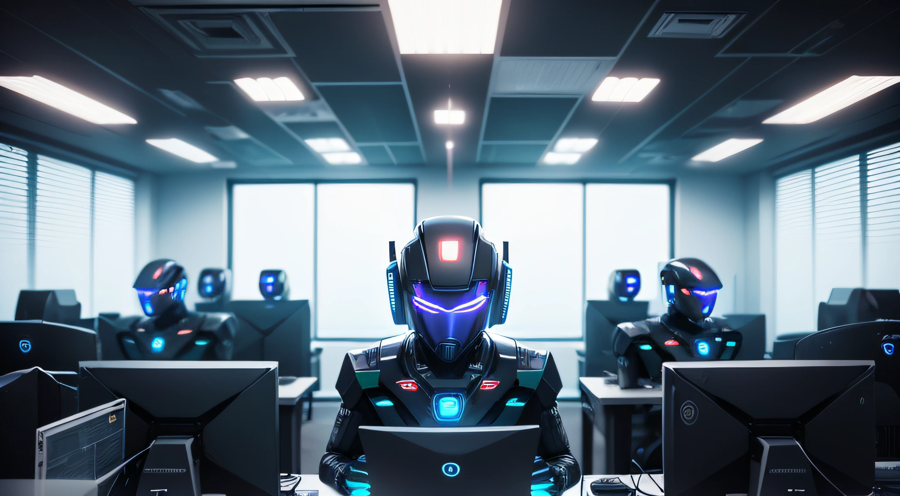 Multiple robots working, s office, computadores, hacker, Tecnologia, detalhado, muitos robos, sombrio, cenario dark, com neon