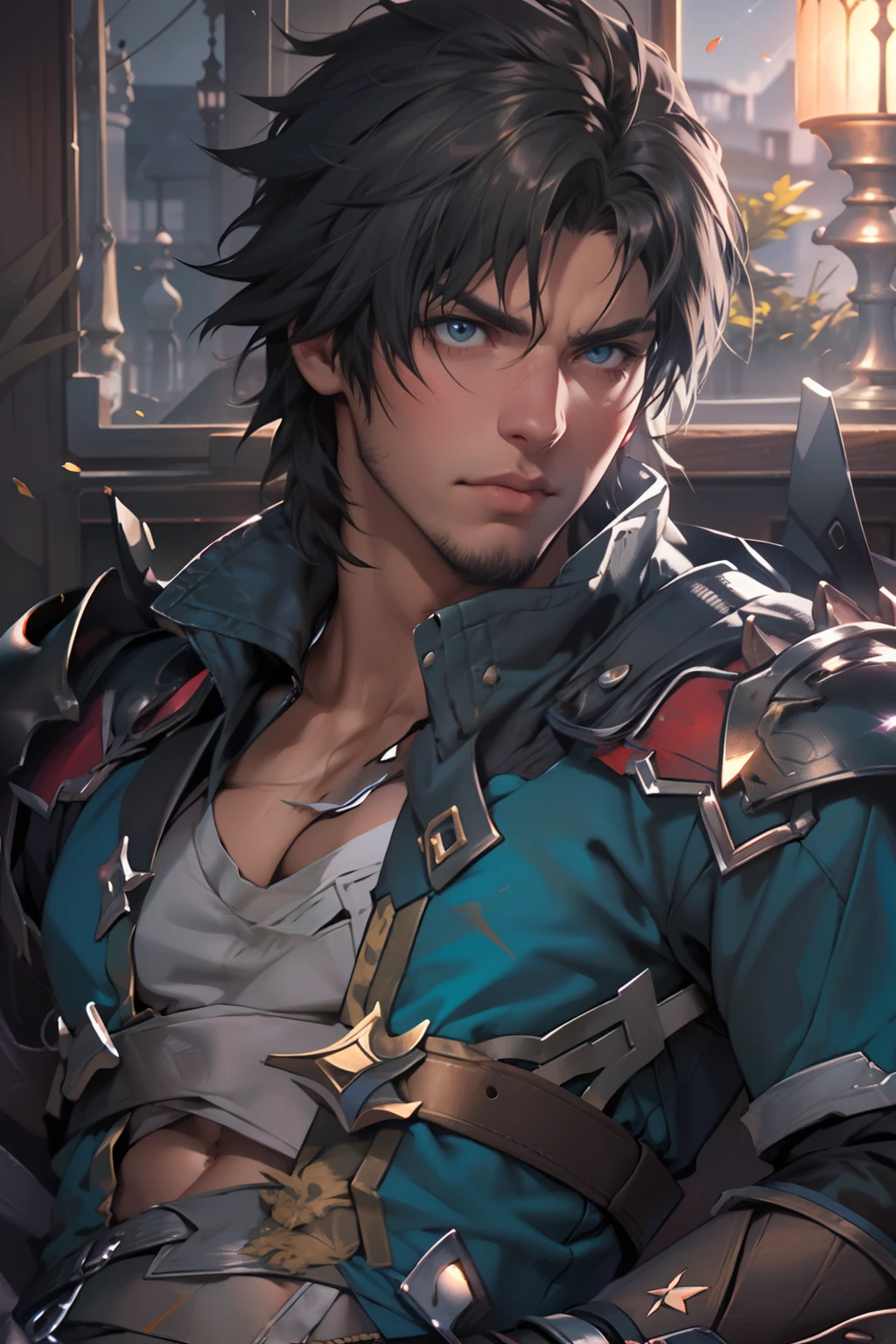 (absurdos, Altas Resoluciones, Ultra detallado, HDR), Obra maestra, La mejor calidad, final fantasy xvi, clive rosfield, 1hombre solamente, guapo, pelo corto, cabello negro, Ojos azules vibrantes, ojos finos y cara detalladas, Armadura, ((Arma intrincada)), Sentado en el trono, piernas abiertas, sonrisa afectada, molesto. Final Fantasy, clive rosfield,, abs, badass pose, Chico de anime en una cama con las manos en la cabeza, Hermosa pose de anime, Anime hombre guapo, Personaje masculino de anime, Badass Anime 8K, Arte detallado del personaje de anime, Concepto de anime HDR Anime MacManus, Chico anime, Ikuto Yamashita, Anime CG arte suave, Fondo de pantalla de manga 4 k, inspirado por Yamagata Hiro, Wallaper de anime
