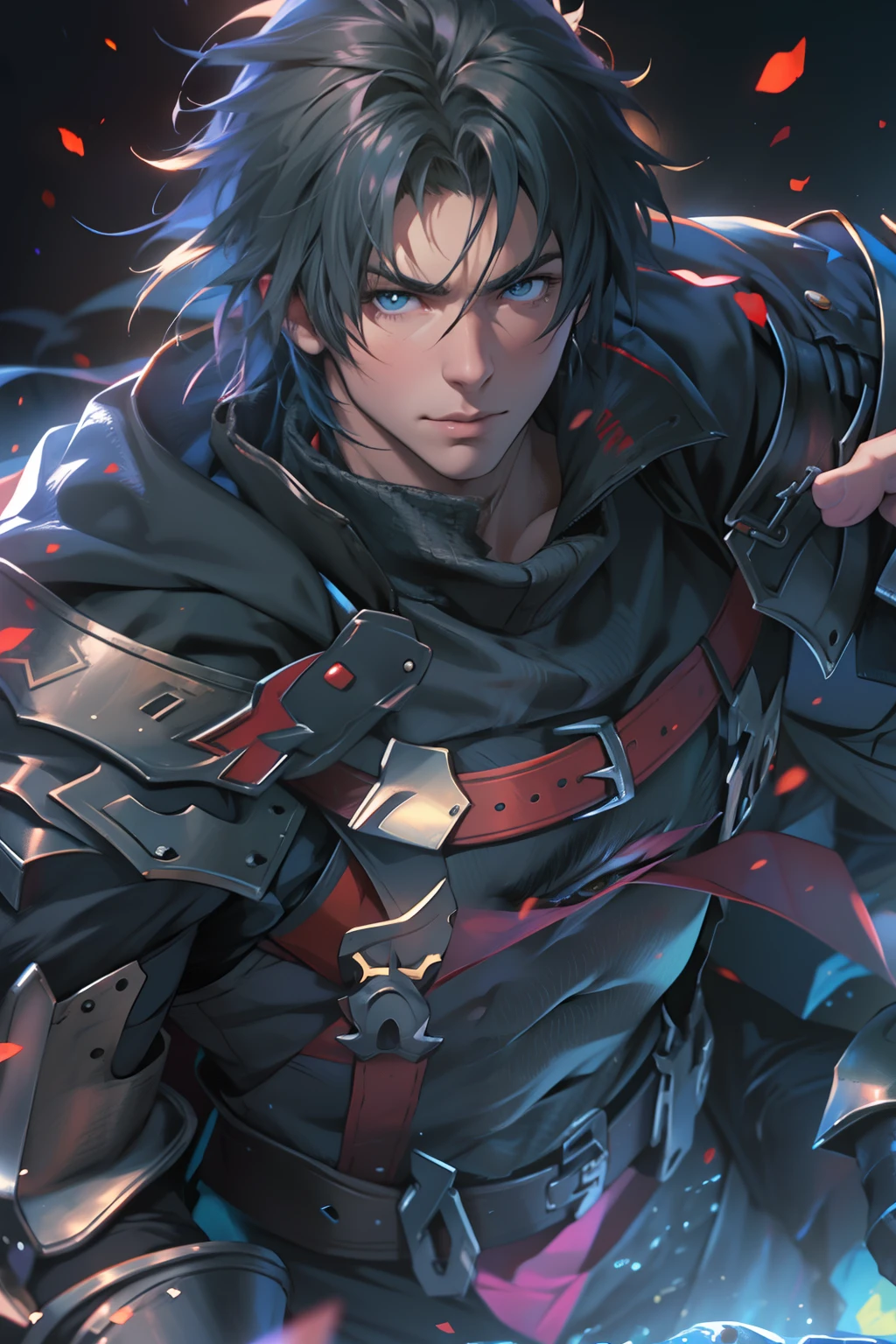 (absurdos, Altas Resoluciones, Ultra detallado, HDR), Obra maestra, La mejor calidad, final fantasy xvi, clive rosfield, 1hombre solamente, guapo, pelo corto, cabello negro, Ojos azules vibrantes, ojos finos y cara detalladas, Armadura, ((Arma intrincada)), Sentado en el trono, piernas abiertas, sonrisa afectada, molesto. Final Fantasy, clive rosfield,, abs, badass pose, Chico de anime en una cama con las manos en la cabeza, Hermosa pose de anime, Anime hombre guapo, Personaje masculino de anime, Badass Anime 8K, Arte detallado del personaje de anime, Concepto de anime HDR Anime MacManus, Chico anime, Ikuto Yamashita, Anime CG arte suave, Fondo de pantalla de manga 4 k, inspirado por Yamagata Hiro, Wallaper de anime