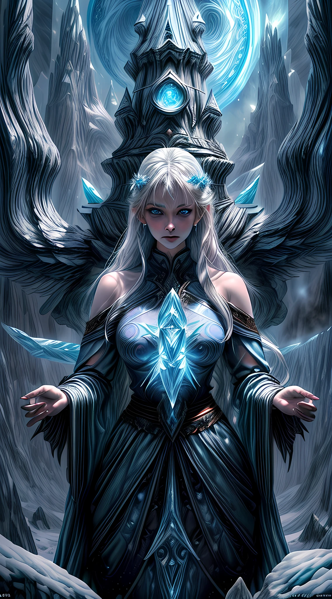 high details, best quality, 8k, [ultra detailed], masterpiece, best quality, (extremely detailed), dynamic angle, ultra wide shot, photorealistic, fantasy art, dnd art, rpg art, realistic art, an ultra wide picture of a female human (1.5 intricate details, Masterpiece, best quality) godess of ice  ((icy magical aura)), controlling a swirling icy blue magic (1.5 intense details, Masterpiece, best quality), manipulating [[magical ice magical symbols]] (1.5 intricate details, Masterpiece, best quality), human female, silver  hair, long hair with icy aura, hair with freezing  touch, cold eyes, intense eyes, ((icy eyes)), ((glowing blue eyes)), dynamic clothing, fantasy snowy mountain  background (1.5 intricate details, Masterpiece, best quality), ((divine worship atmosphere)), high details, best quality, highres, ultra wide angle