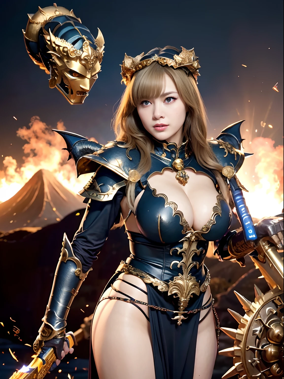 Professional , masterpiece、top-quality、photos realistic , depth of fields 、(Dragon Black Metal Body:1.9),(Matte Blue Black、(cleavage of the breast)、Dragon Gold Weapon、(Micro Bikini Armor:1.4),Gorgeous gold weapons ,(Fight dragons)、Seductive look、(( Dragon's dense and gorgeous sword)) , (demonic wings) ,Detail and gorgeous crown、((a blond))、(Castle background)、((Gangle's forest background))、Beautiful Caucasian beauty、1a person、dynamic ungle,(((Detailed and ornate dragon helmet)))、Smaller head、A smile、Castle background、Thin and beautiful female hands、cleavage of the breast、Soldier in iron armor on background、Mystical expression、Light Effects、intense fighting、Wind-effect、magic circles、With the legendary magic wand、Dragon's tail、explosions、