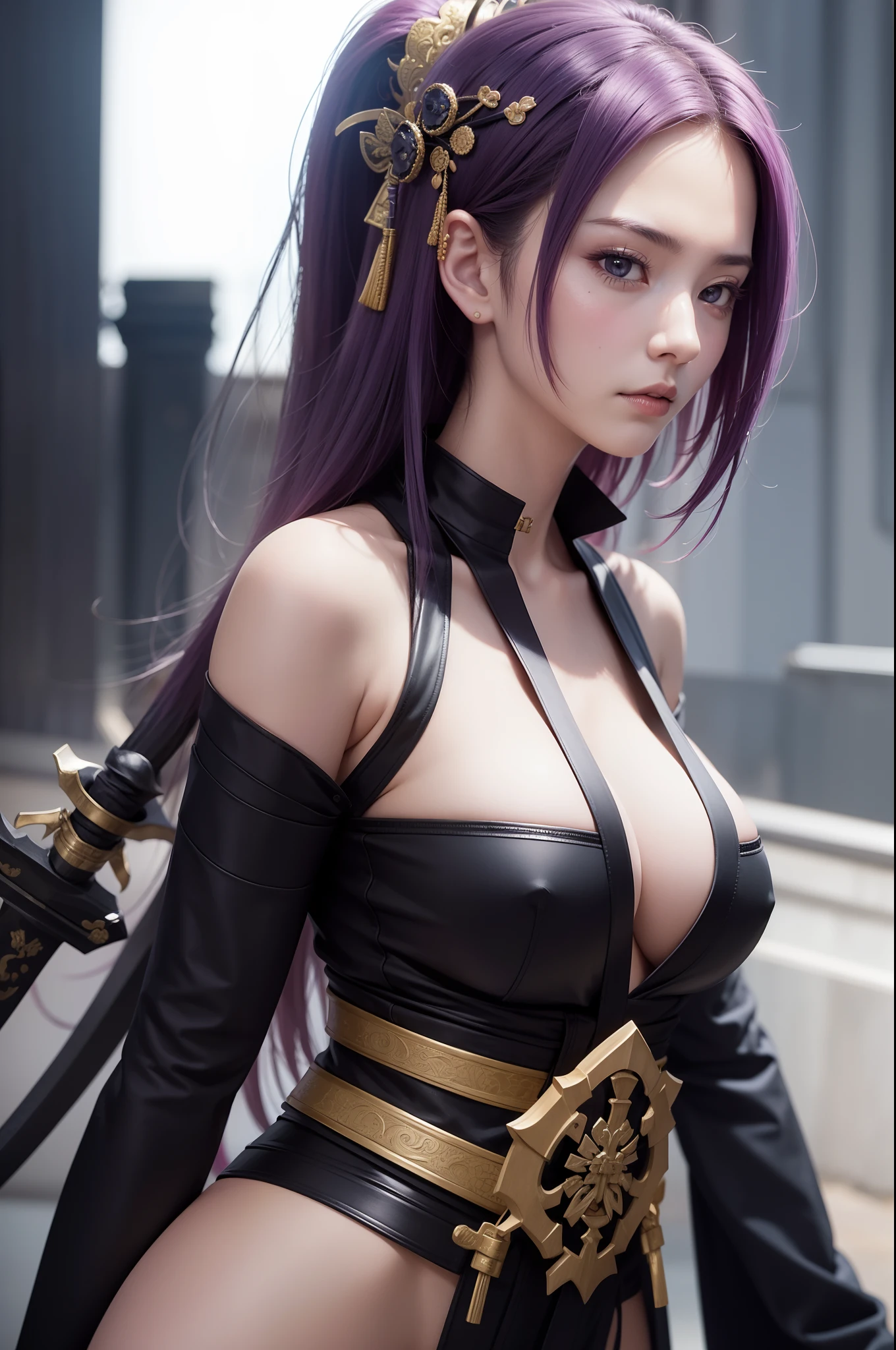 arafed woman in a costume holding a sword and a sword, she is holding a katana sword, very beautiful cyberpunk samurai, female samurai, wearing kimono armor, ornate korean polearm behind her, she is holding a sword, holding a sword on her shoulder, wearing kimono armour, dressed in samurai armour, portrait shot, samurai outfit, ornate cosplay,  look, big ,  pose, show , light purple hair
