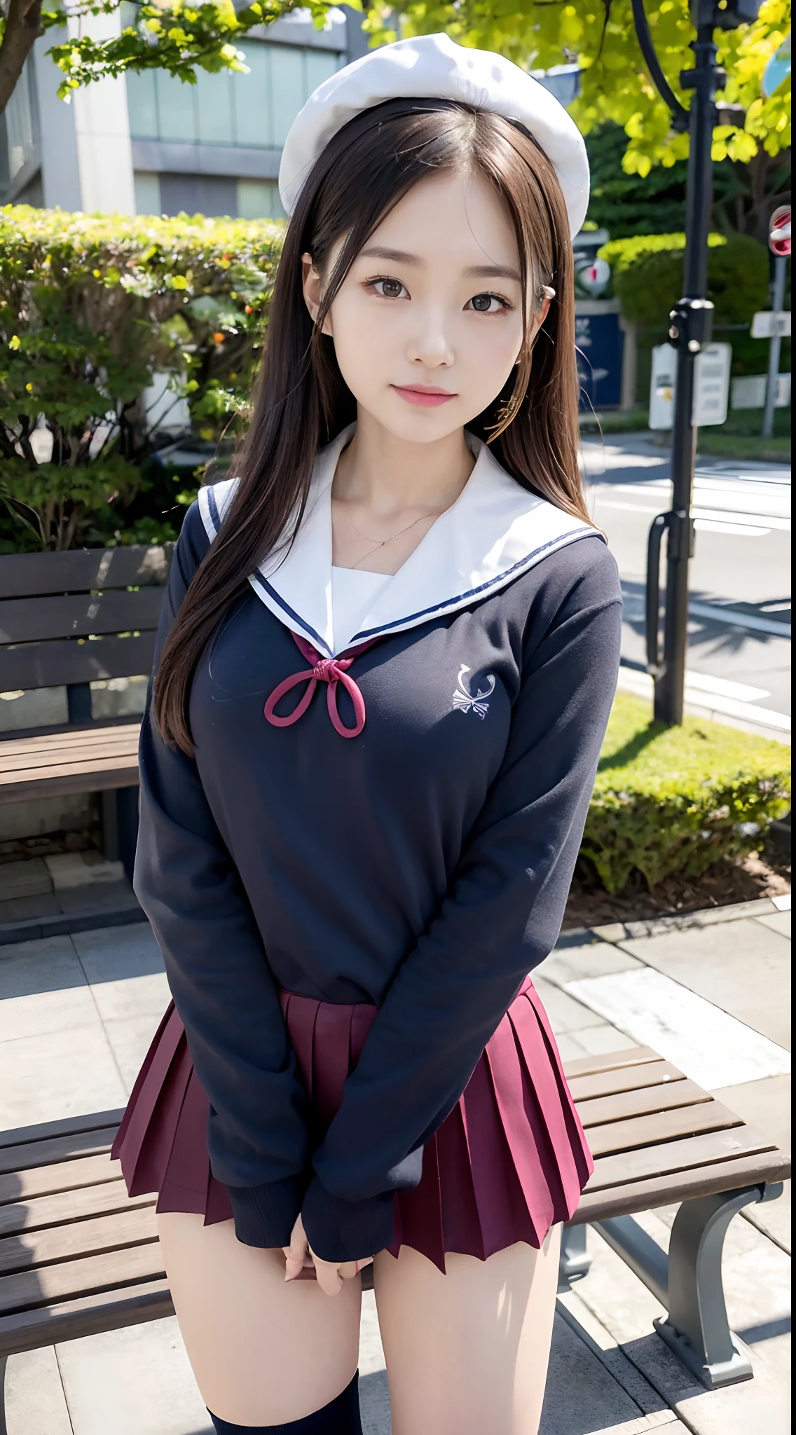 Girl VN02, Ultra realistic schoolgirl in summer uniform, girl、serafuku、Seifuku, Color Sailor Uniform, Japan school uniform, Tempting smile、Japanese ido、Skirt and thighs、Sitting on the lawn、Sitting, (Wearing pantyhose、Ultra-realistic pantyhose)、Raw photo, (in 8K、top-quality、masterpiece:1.2)、(intricate detailes:1.4)、(Photorealsitic:1.4)、octane renderings、Complex 3D rendering ultra detail, Studio Soft Light, Rim Lights, vibrant detail, super detailing, realistic skin textures, Very detailed CG Unity 16k wallpaper, make - up, (detailedbackground:1.2), shinny skin、turned around、Exposed thighs!!!、