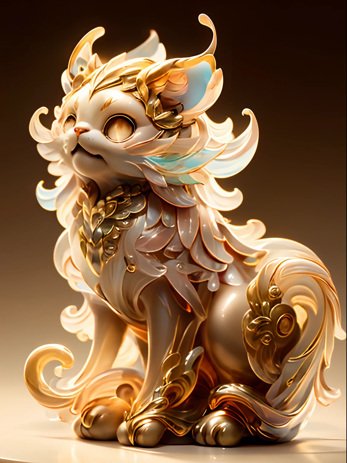 in the shape of a cat，Bling background，Dreamy colors，Transparent statue，florals，Big eyes，golden colored，Open-mouthed，laughingly，tmasterpiece，（best qualtiy：1.3）， full bodyesbian，Ling_Long