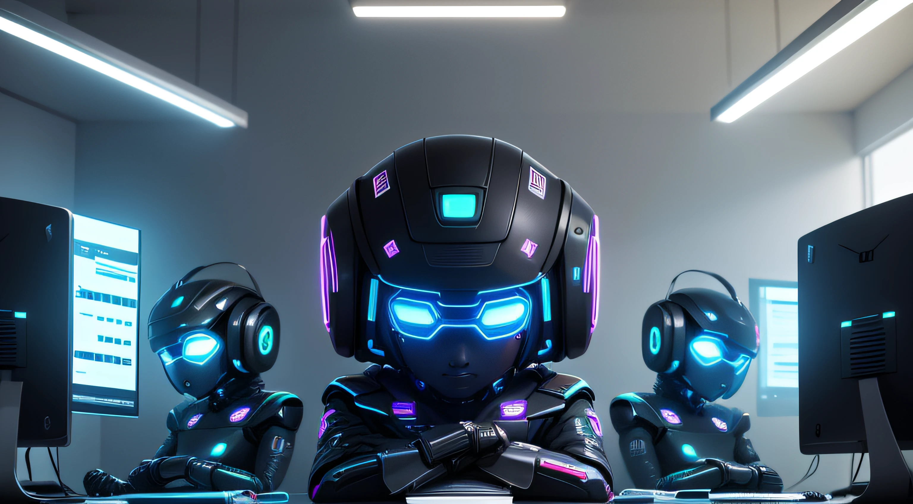 Multiple robots working, s office, computadores, hacker, Tecnologia, detalhado, muitos robos, sombrio, cenario dark, com neon