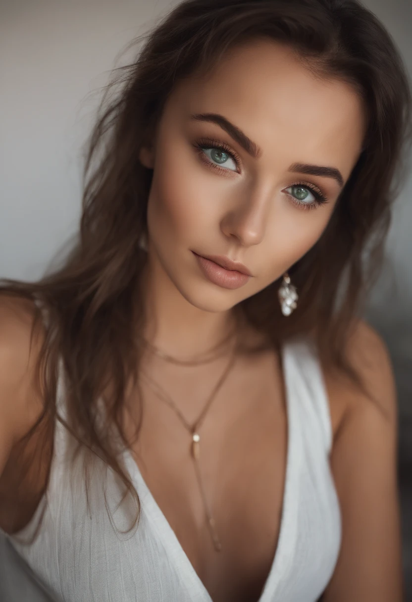 arafed woman with a white tank top and a necklace, sexy girl with green eyes, portrait sophie mudd, brown hair and large eyes, selfie of a young woman, bedroom eyes, violet myers, without makeup, natural makeup, looking directly at the camera, face with artgram, subtle makeup, stunning full body shot, piercing green eyes, beautiful angle, attractive pose, cute girl, sexy pose, full body picture, full body, full body shoot, brunette goddess, high detail, satisfied pose, leather pants