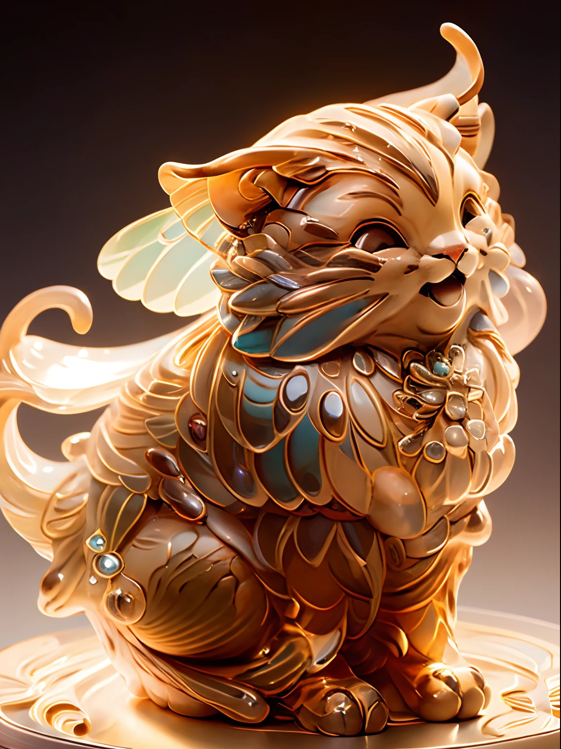 in the shape of a cat，Bling background，Dreamy colors，Transparent statue，florals，Big eyes，golden colored，Open-mouthed，laughingly，tmasterpiece，（best qualtiy：1.3）， full bodyesbian，Ling_Long
