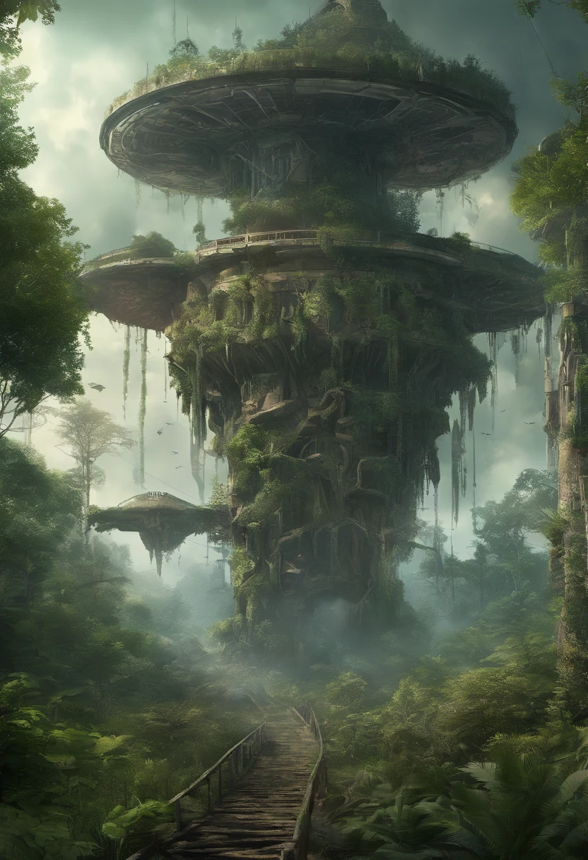 Cyberpunk, Kaputt, Es gibt einen dichten Urwald mit vielen alten Hausbaubildern, Cyberpunk, Kaputt, Es gibt viele Steine, Greener, lush forest background, dicker Baumhintergrund, large meadow, Arena-Hintergrund, Hintergrund des Spiels, Exaggerated forest background, Cartoon-Stil