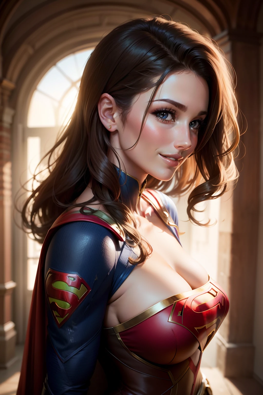 Wallpaper busty muscular Supergirl, strong biceps, strong abs, hyper muscular bodybuilder, enormous breasts, round tits, Amouranth