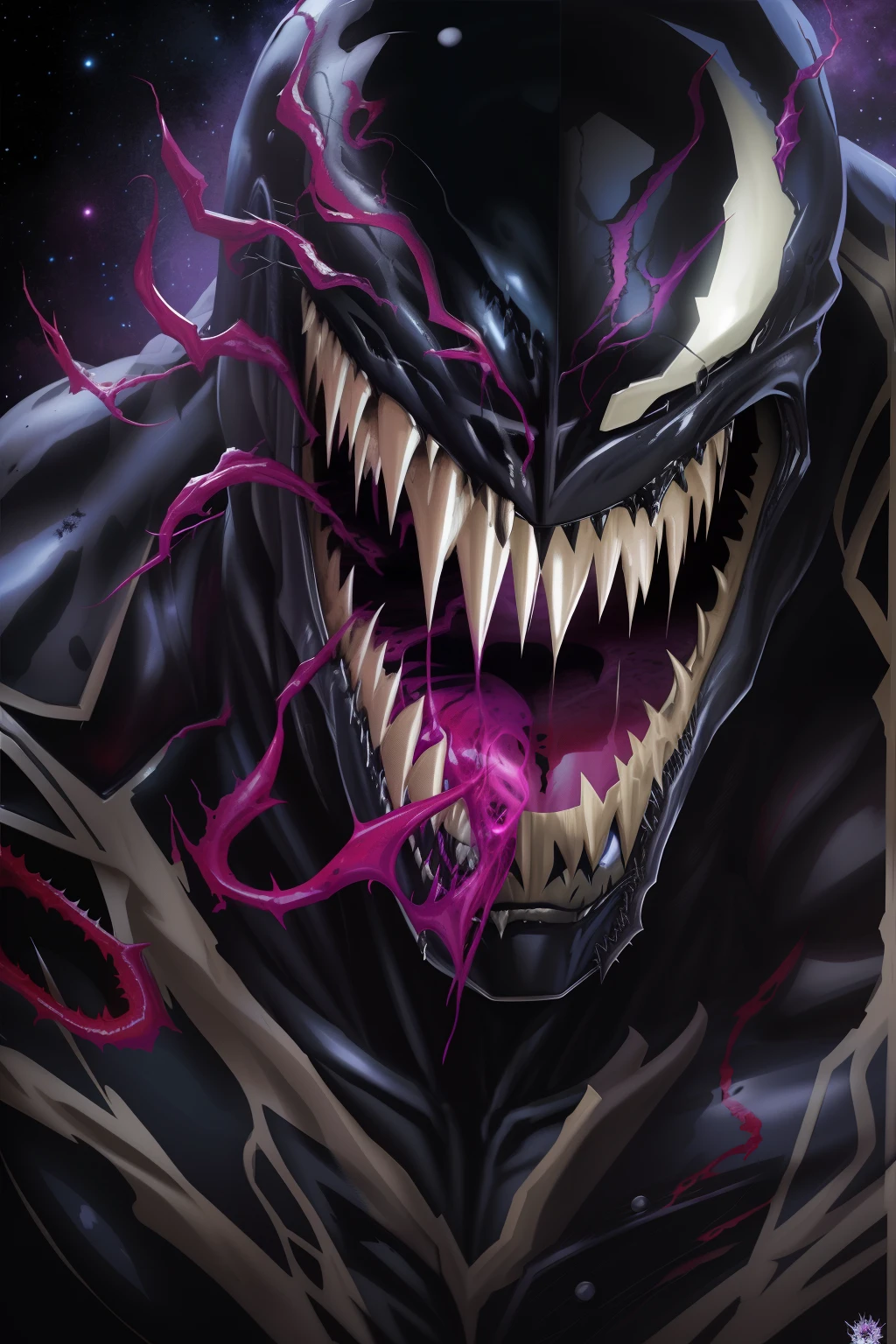 Marvel version of Venom portrait，Creatures in outer space，massacre, venomize, symbiote, venom symbiote, carnage fangs, Venom, chaos nightmare ❄️ amour Venom, grinning sinisterly, personal profile picture, Venom fangs, inspired by Mike Deodato, SPAWN, The evil villain smiles, inspired by Ryan Stegman, Venom Square