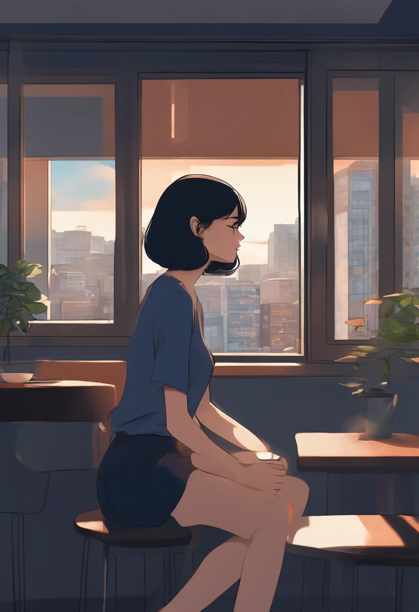 a girl, alone, sit close of window in floor, no furniture, on city, looking to starts in sky, drinking coffee, cold color palette, black hair, small dark blue shorts, normal dark blue blouse, anime, (close-up:1.1), (Bauhaus, shapes, lines, abstract:1.1)