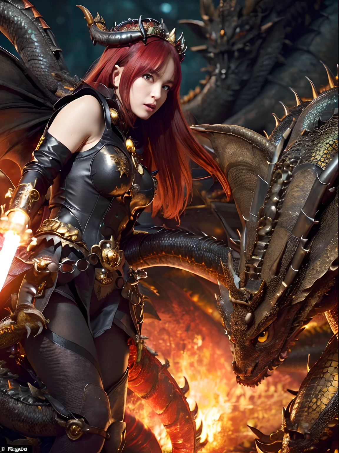 (masutepiece), Professional , masterpiece、top-quality、photos realistic , depth of fields 、(Dragon Black Metal Body:1.9),(Matte Blue Black、(cleavage of the breast)、Dragon Gold Weapon(Dragon Metal Body:1.4),Gorgeous gold weapons ,(( Dragon's dense and gorgeous sword)) , (demonic wings) ,warhammer 40k , adepta sororitas,Detail and gorgeous crown、((Red hair))、(Castle background)、((Gangle's forest background))、Beautiful Caucasian beauty、1a person、dynamic ungle,(((Detailed and ornate Black Devil Crown)))、Smaller head、A smile、Castle background、Thin and beautiful female hands、cleavage of the breast、Soldier in iron armor on background、Mystical expression、Light Effects、intense fighting、Wind-effect、magic circles、With the legendary magic wand、Dragon's tail、