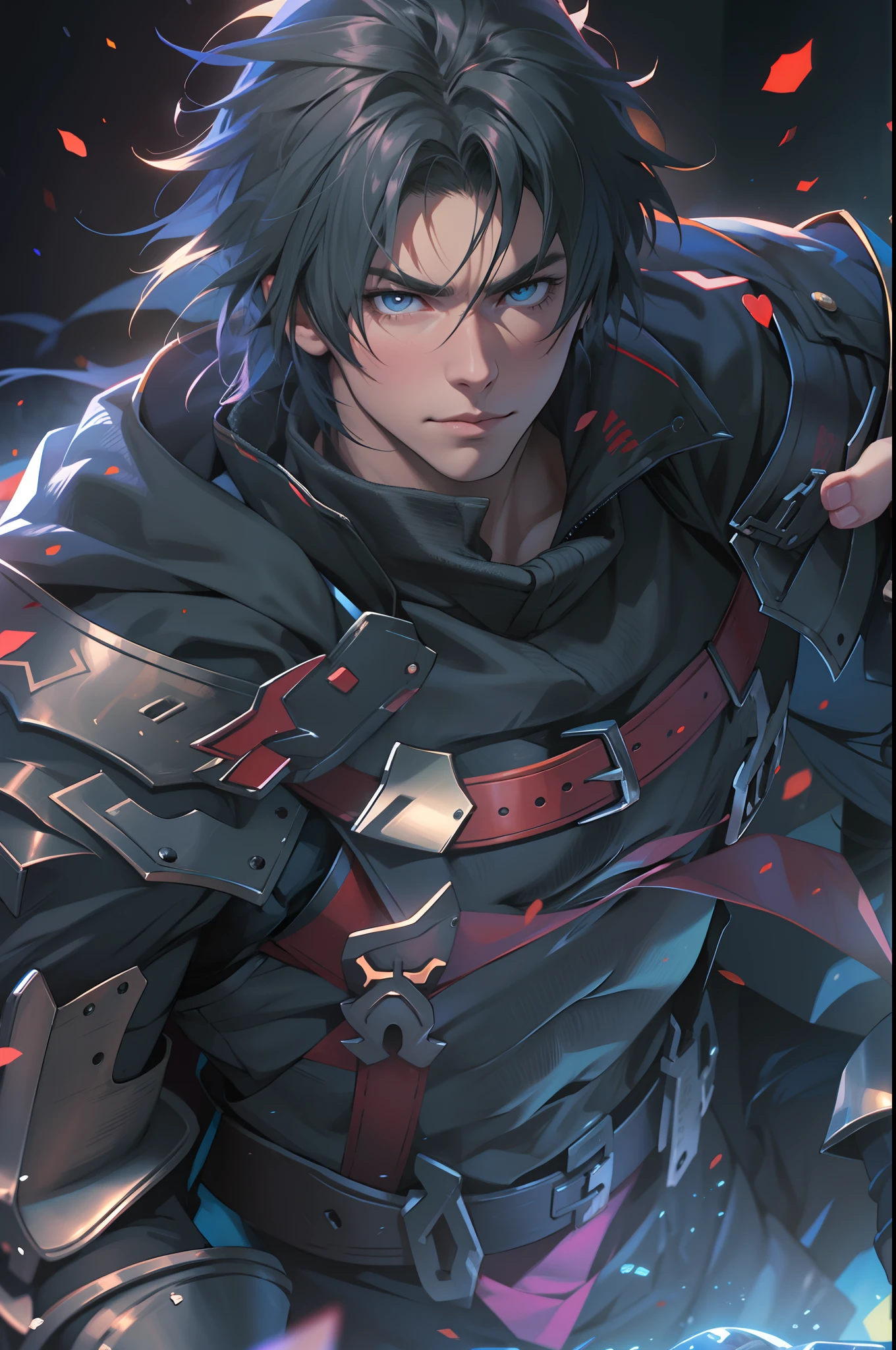 (absurdos, Altas Resoluciones, Ultra detallado, HDR), Obra maestra, La mejor calidad, final fantasy xvi, clive rosfield, 1hombre solamente, guapo, pelo corto, cabello negro, Ojos azules vibrantes, ojos finos y cara detalladas, Armadura, ((Arma intrincada)), Sentado en el trono, piernas abiertas, sonrisa afectada, molesto. Final Fantasy, clive rosfield,, abs, badass pose, Chico de anime en una cama con las manos en la cabeza, Hermosa pose de anime, Anime hombre guapo, Personaje masculino de anime, Badass Anime 8K, Arte detallado del personaje de anime, Concepto de anime HDR Anime MacManus, Chico anime, Ikuto Yamashita, Anime CG arte suave, Fondo de pantalla de manga 4 k, inspirado por Yamagata Hiro, Wallaper de anime