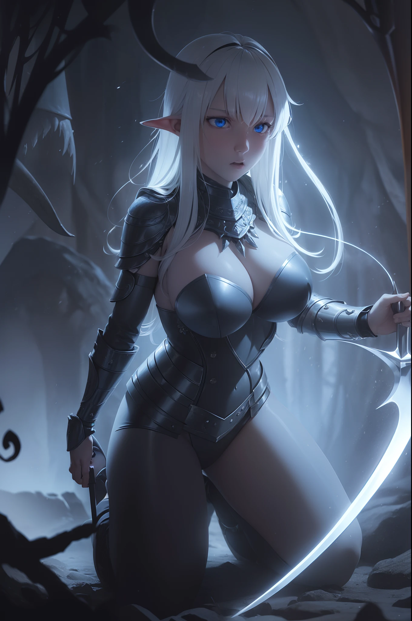 (Blank eyed entranced mindless hypnotized:1.3), busty knight adventurer kneeling (in front of a mind flayer), (presenting her boobs), head slightly tilted, open mouth, drool, sword fallen on the ground, torchlit cave, detailed face and eyes, detailed skin.
