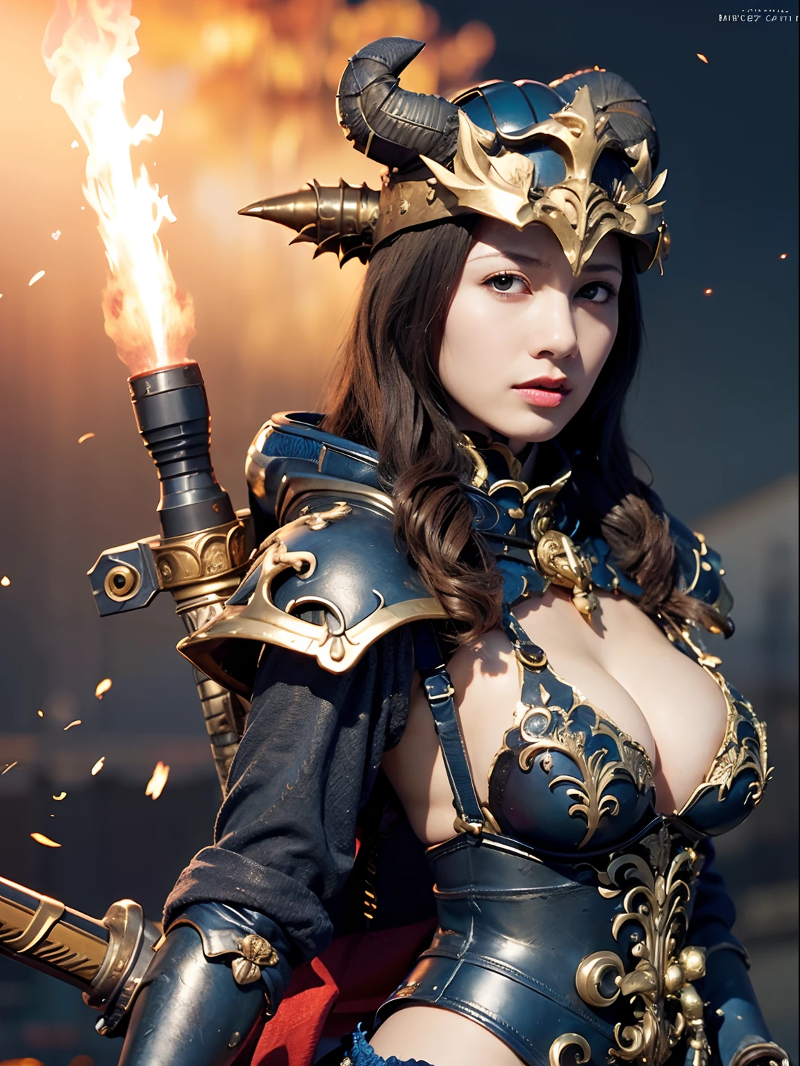 Professional , ​masterpiece、top-quality、photos realistic , depth of fields 、（Dragon Black Metal Body:1.９),(Matte Blue Black、(Night World)、（cleavage of the breast）、Dragon Gold Weapon、（Micro Bikini Armor:1.４),Gorgeous gold weapons ,（Fight dragons）、Seductive look、（（ Dragon's dense and gorgeous sword）） , （demonic wings）   ,Detail and gorgeous crown、（（a blond））、（Castle background）、（（Gangle's forest background））、Beautiful Caucasian beauty、１a person、dynamic ungle,(((Detailed and ornate dragon helmet)))、Smaller head、A smile、Castle background、Thin and beautiful female hands、cleavage of the breast、Soldier in iron armor on background、Mystical expression、Light Effects、intense fighting、Wind-effect、magic circles、With the legendary magic wand、Dragon's tail、explosions、