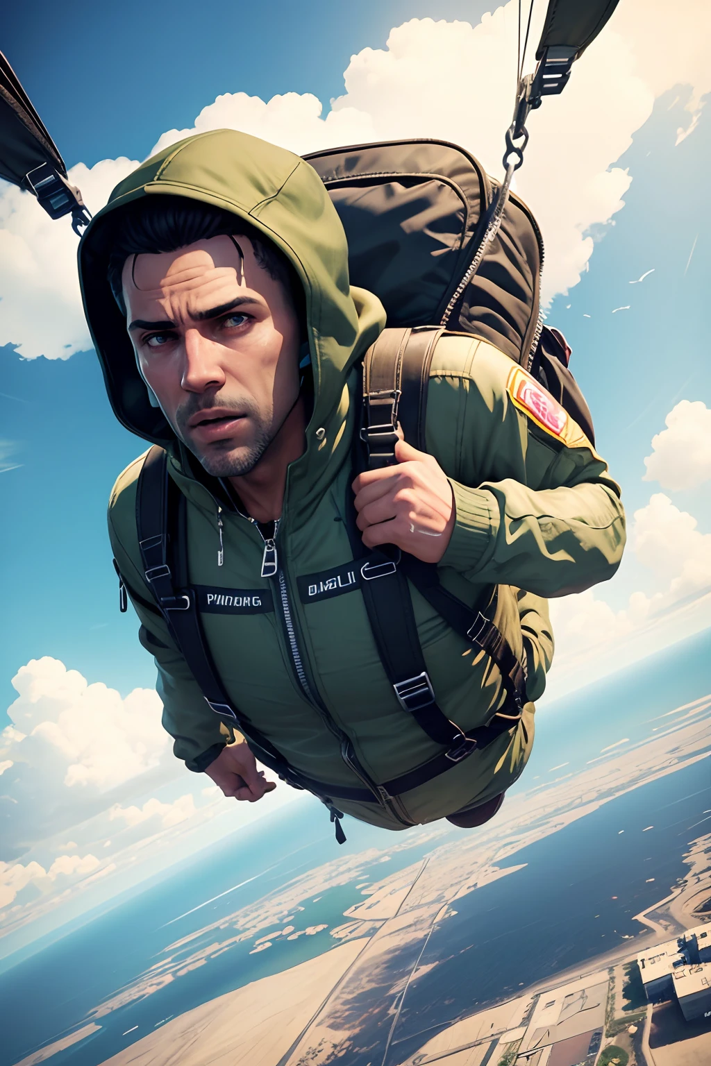 Travis parachuting into the sky, after jumping from the plane parachuting into the sky, gta v