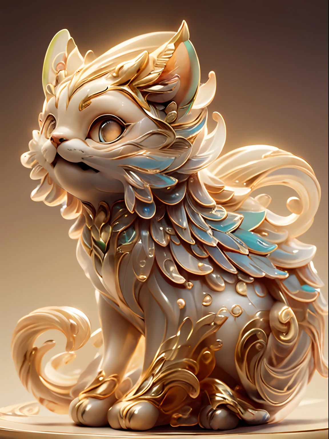 in the shape of a cat,Bling background,Dreamy colors,Transparent statue,florals,Big eyes,golden colored,Open-mouthed,laughingly,tmasterpiece,(best qualtiy:1.3), full bodyesbian,Ling_Long