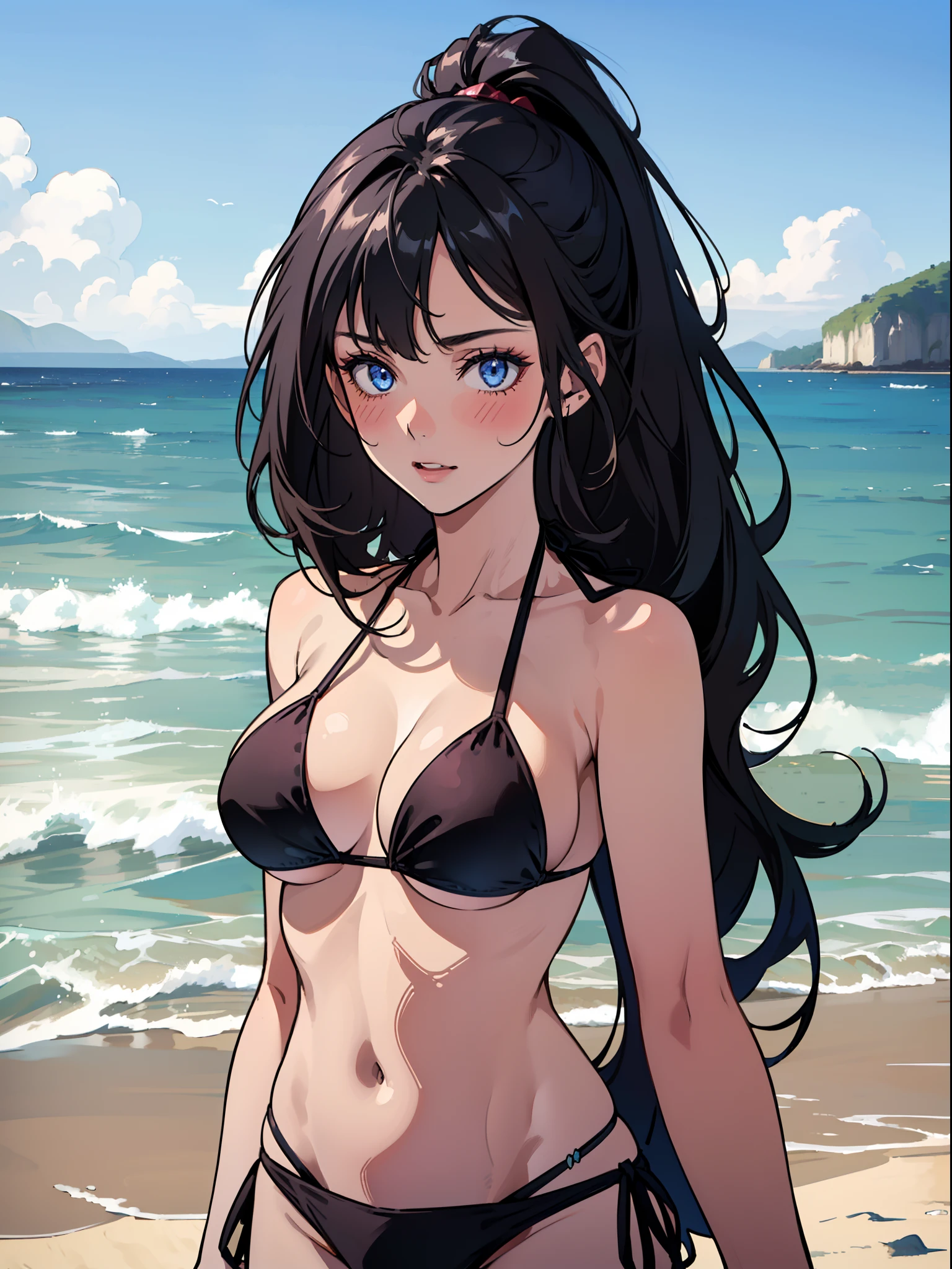 (((one girl))), dark blue eyes, long hair, A beautiful girl is on the beach, 25 years old, masterpiece, High contrast, (((black bikini))), big breasts, (high quality :1.5), black hair, (((happy, looking at viewer)), blush, Tall body, mature woman, outdoors, mature face, ((high resolution)), ((beach, empty beach)), ((portrait view)), ((sexy woman, seductive)), ((bikini lose, bikini falling off))