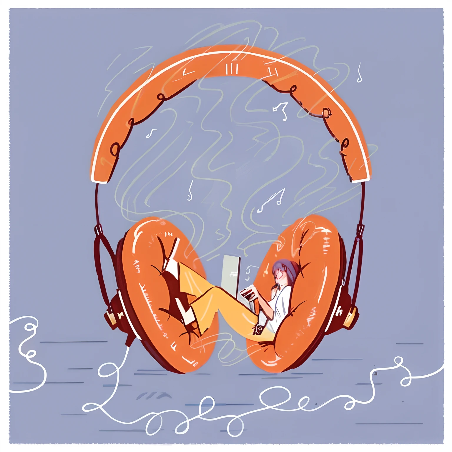 Illustration of a woman lying on a sofa wearing headphones, Vibrate with the music, Listen to music, Illustration style, with headphone, lo-fi illustration style, in style of laurie greasley, Wearing headphones, with headphone, music is life, Lofi art, chillhop, Listen to music at 2 a.m, Earphone, Praise Artstyle