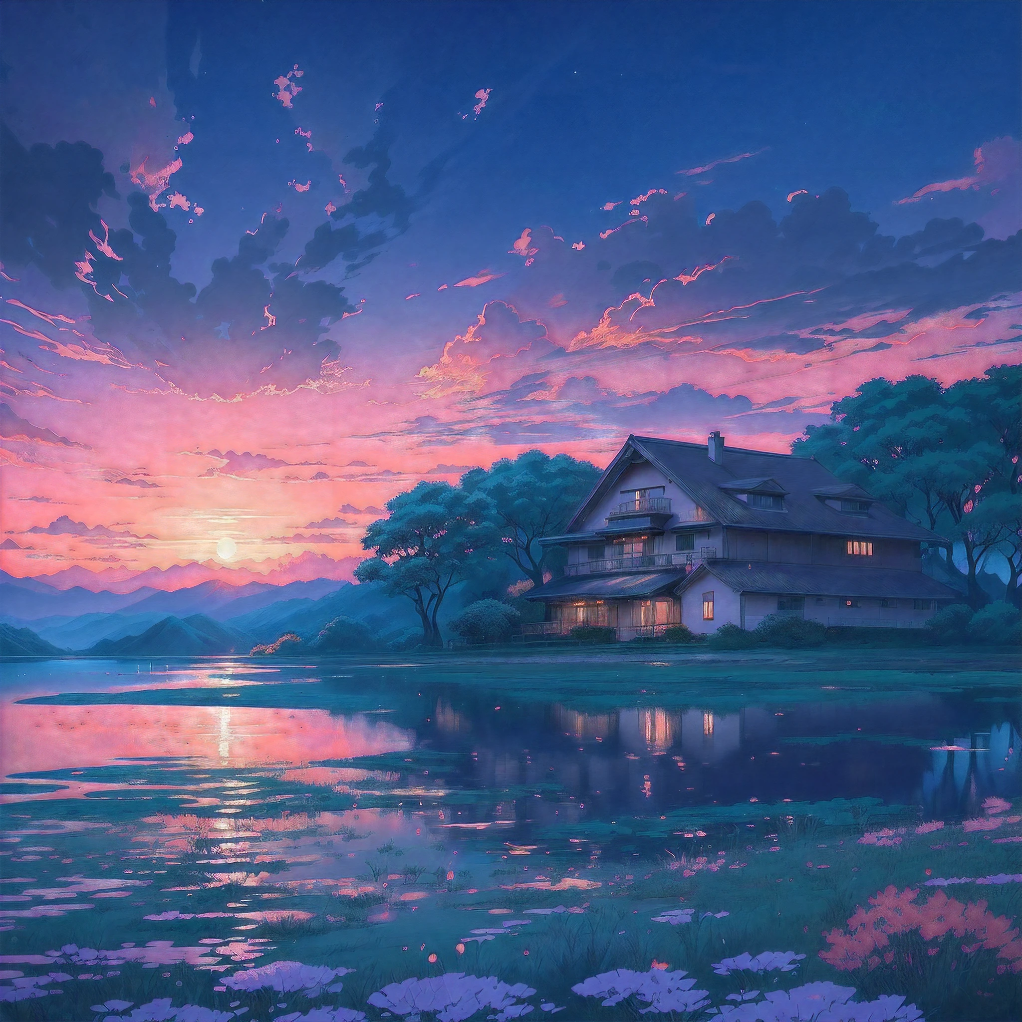 Anime setting of a lakeside house with a sunset, arte de fundo do anime, paisagem campestre anime, Arte bonita UHD 4K, anime scenery, Paisagem do anime, beautiful anime scenery, papel de parede de paisagem anime, arte de fundo, estilo de arte impressionante, Elogio Artstyle, scenery artwork, pintura detalhada 4K, bela cena de anime, Fundo do anime, Arte digital altamente detalhada em 4k