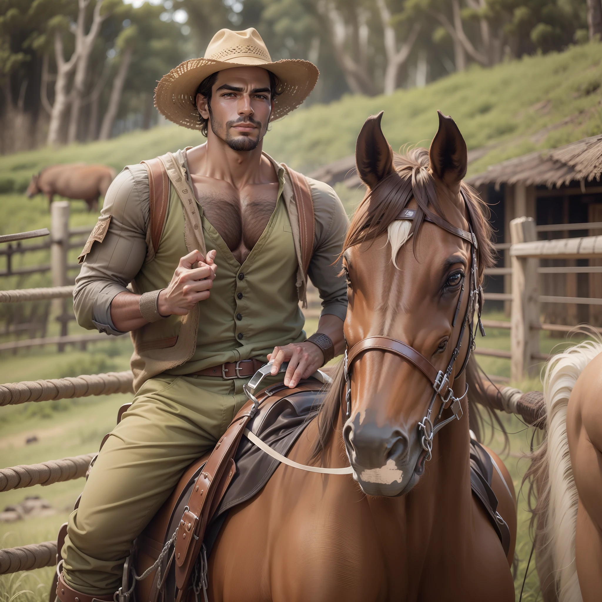 Homem vaqueiro bonito no cavalo, In Fazenda Bonita Sertão