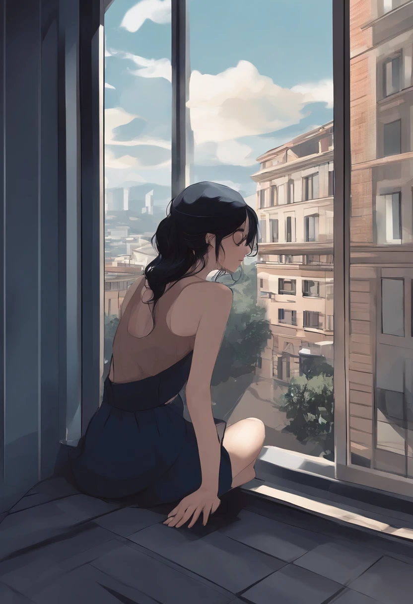 a girl, alone, sit close of window in floor, no furniture, on city but no buildings appear, looking to starts in sky, drinking coffee, cold color palette, black hair, small dark blue shorts, normal dark blue blouse, anime, (close-up:1.1), (Bauhaus, shapes, lines, abstract:1.1)