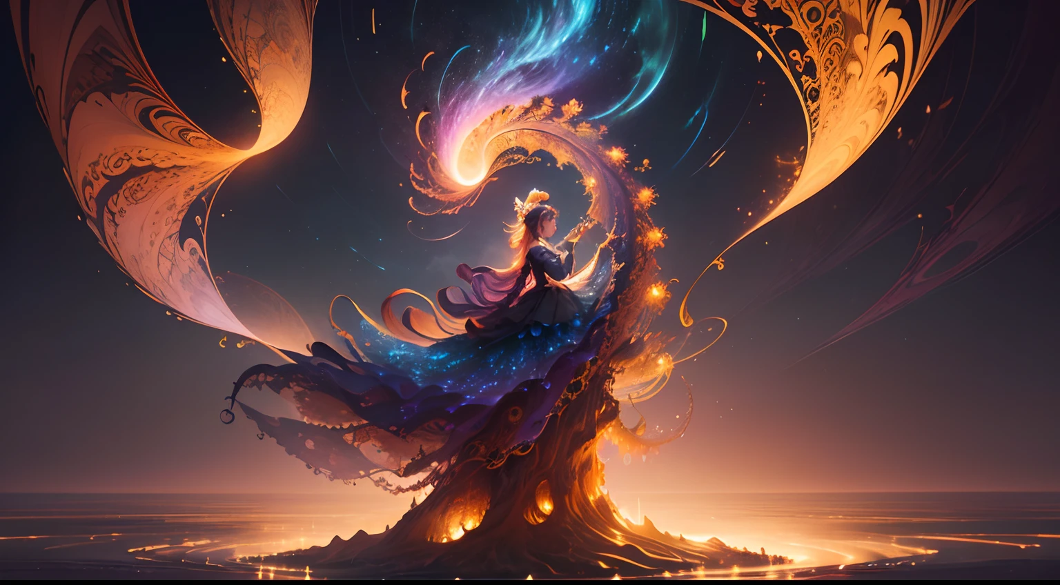 (​masterpiece、top-quality、top-quality、Official Art、calm night、Beautifully Aesthetic:1.2)、(1womanl)、lightpainting、(long exposure time:1.2)、dynamic streaks、Extreme details、(Fractal art:1.3)、colourfull、highestdetailed、Chiffon dress、jewely、florals、Leprechaun、The upper part of the body