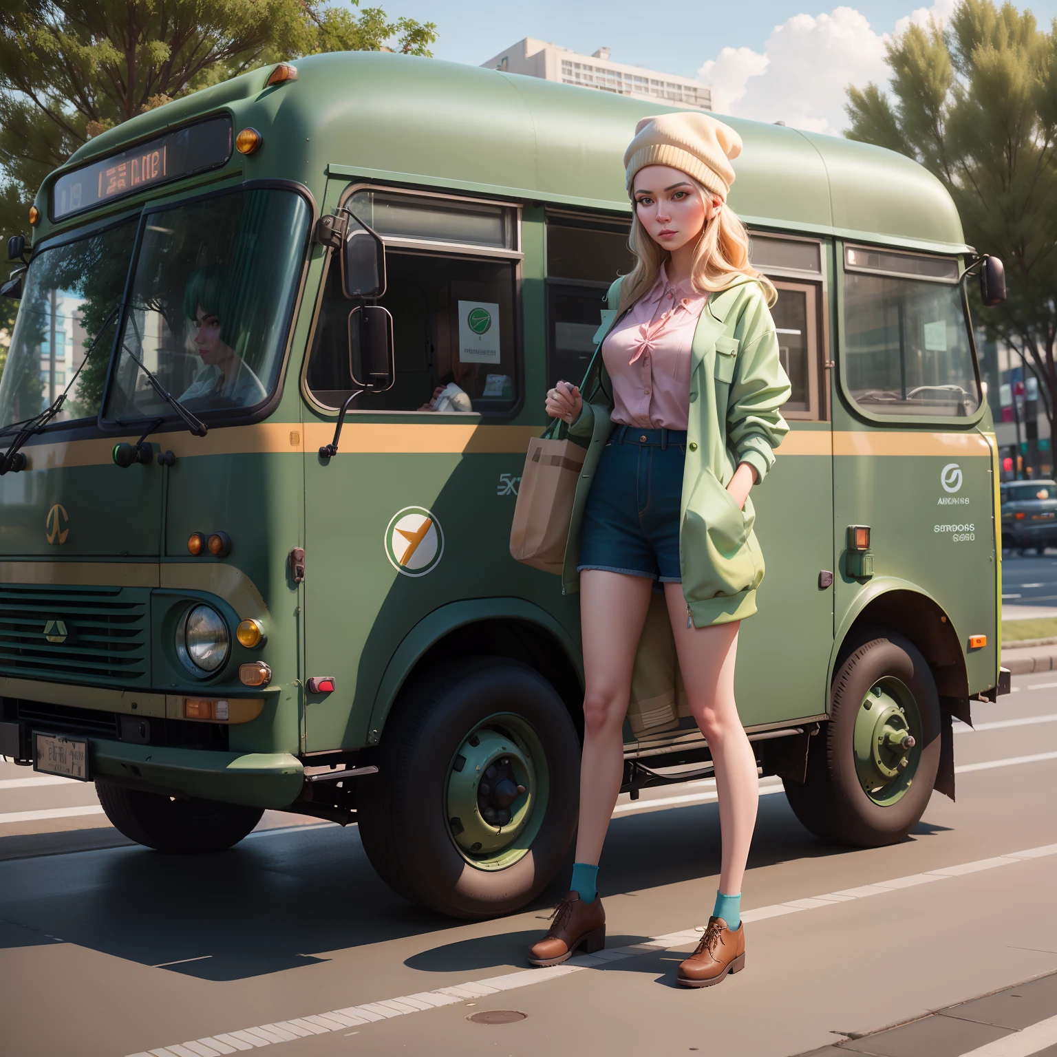 arafed woman standing next to a green bus on a street, taken with canon eos 5 d mark iv, amy sol in the style of, cinematic outfit photo, taken with sony a7r camera, alexey egorov, aleksander rostov, inspired by Wes Anderson, alexandra fomina, mid shot portrait, photo taken with sony a7r