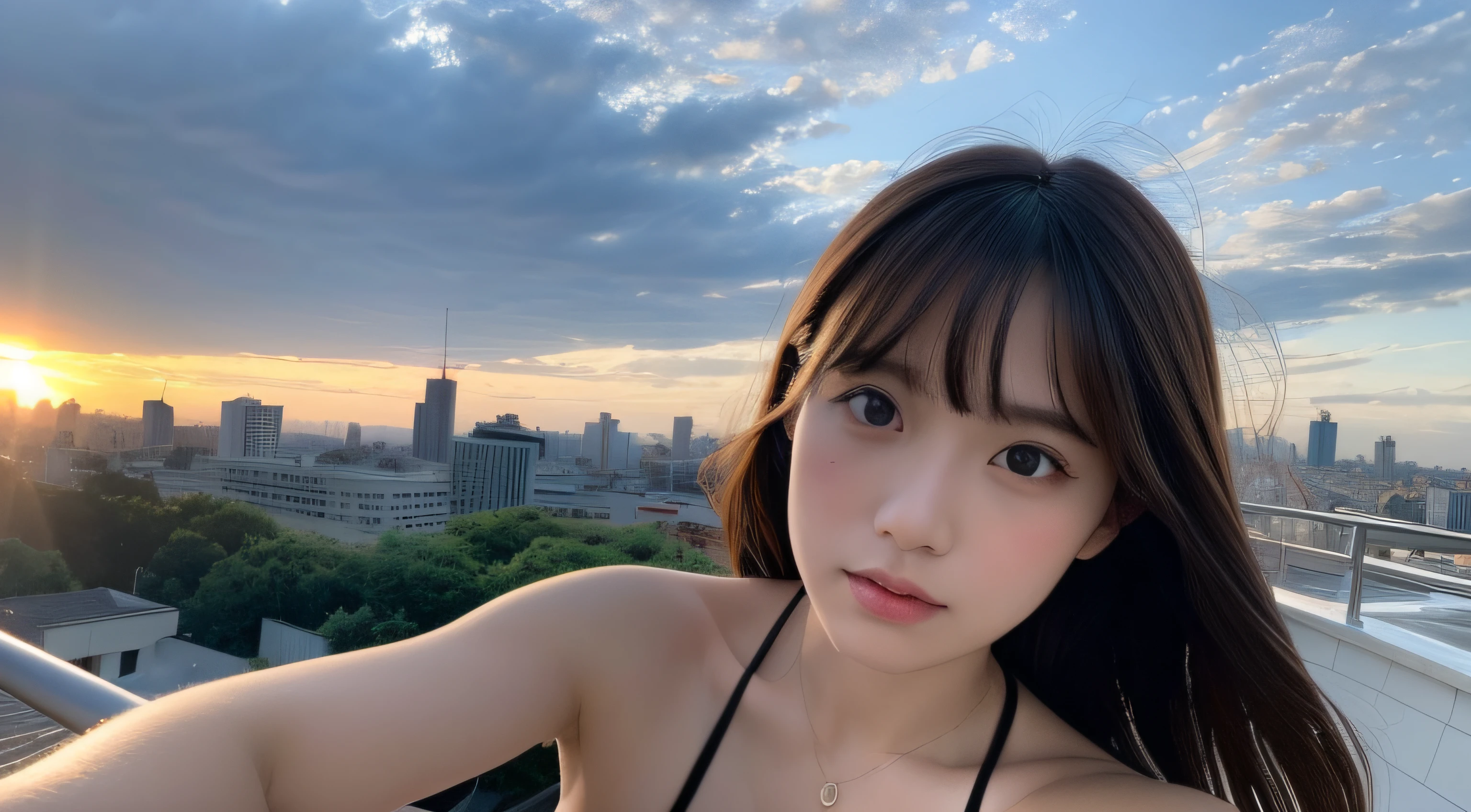 (Solo:1.3)), 1girl in, NSFW,Navel,Naked,Best Quality,fully body photo、 Realistic, Photorealistic, Best Quality, masutepiece, Very delicate and beautiful, Very detailed, (Selfie:1.2), Fine detail, Ultra Detail, High Definition, Very detailed, Realistic, Ultra high definition, Best Quality, Ultra high definition, (Real:1.4), high quality texture, ,, On the rooftop, Bangs, Long hair , Afternoon light, Majestic sky and clouds