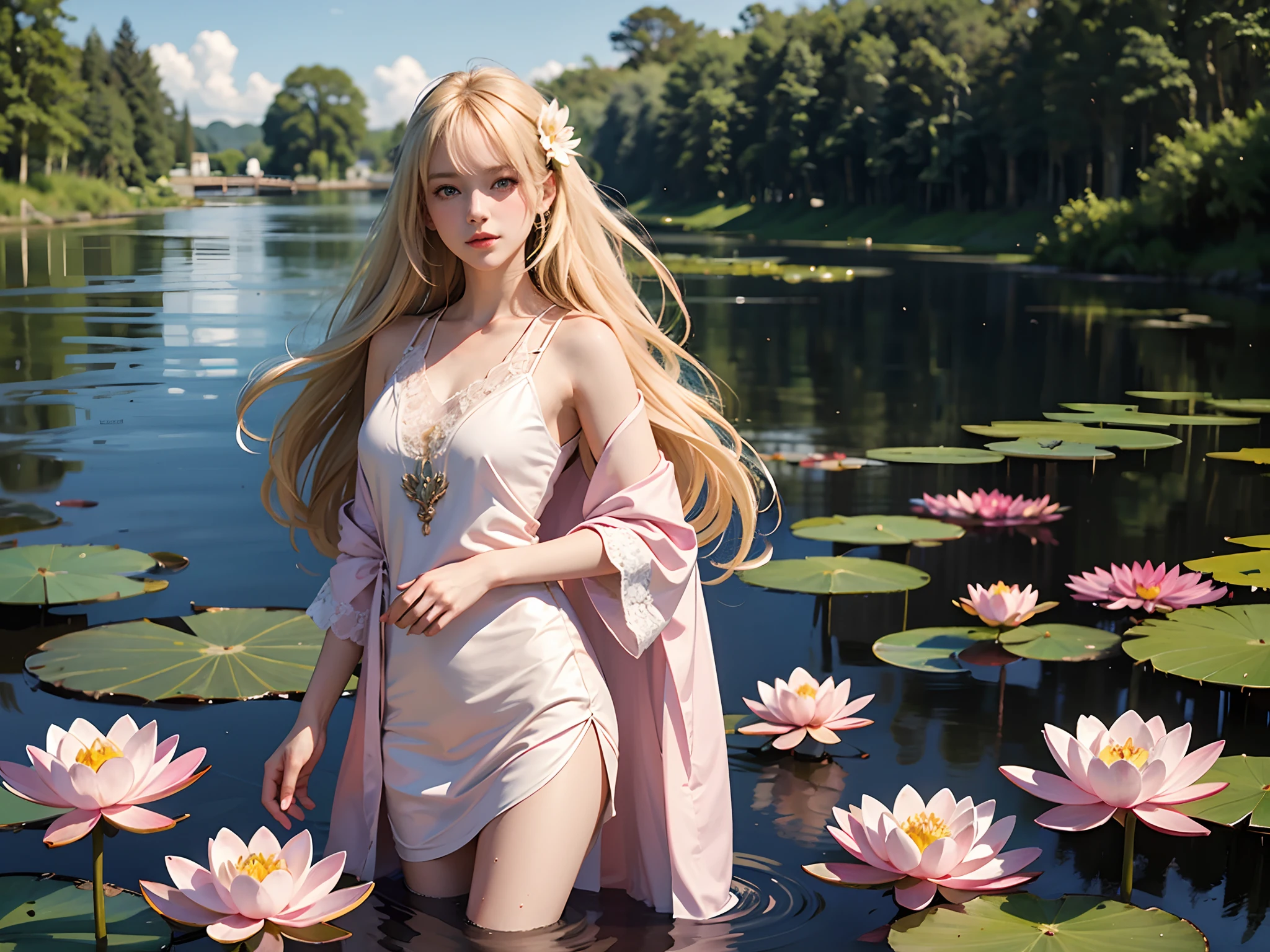 ((fullnude))、Lotus flowers in full bloom、Beautiful girl playing the violin by the pond with Monet&#39;With the lotus pond in the background, (fantasy violin), Nymphet、(Flat)、((Beautiful female genitalia without pubic hair))、A slender、Blonde goddess, fantasy violin, light milky white porcelain skin, (Platinum blonde super long twin tail hair), russian fairy, perfect naked girl, (Lori), a blond, Belle Delphine, blonde - haired princess, small curvy loli , Long platinum blonde hair