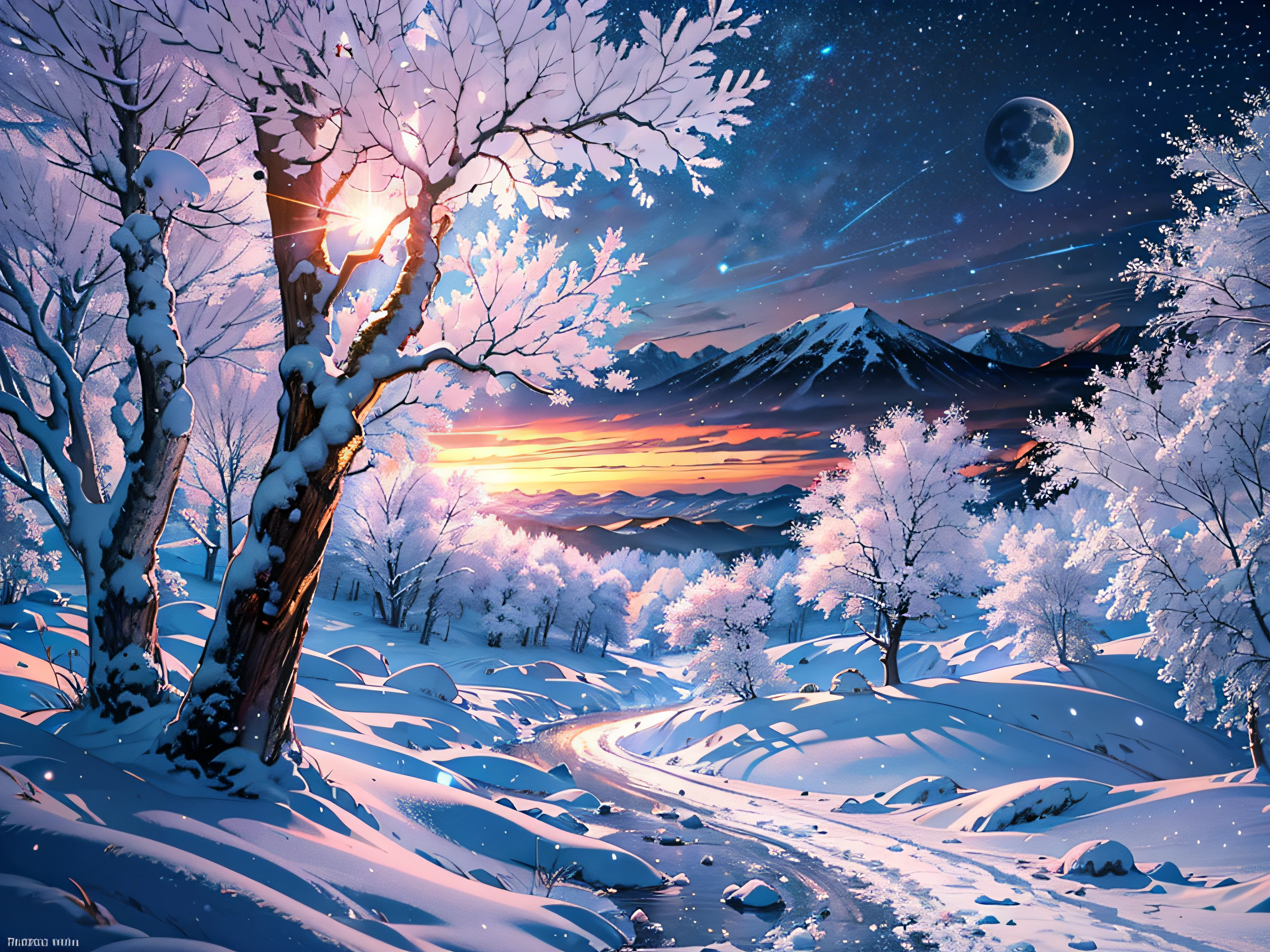 (best quality,4k,highres,masterpiece:1.2),ultra-detailed,(realistic,photorealistic,photo-realistic:1.37),HDR,UHD,studio lighting,crisp details,professional,vivid colors,bokeh,winter,anime,landscape,night,full moon,cold,wonderland,serene,tranquil,icy,shooting stars,glowing ice,gigantic mountain,majestic,snow-covered peaks,snowy forest,frozen lake,sparkling snowflakes,mysterious shadows,distant snowy hills,endless horizon,frosty atmosphere,calm reflection,peaceful silence,luminous moonlight,ethereal beauty,winter eco-system,harmony of nature,captivating stillness,enchanted scenery,magical landscape,awe-inspiring,serene tranquility,spellbinding view