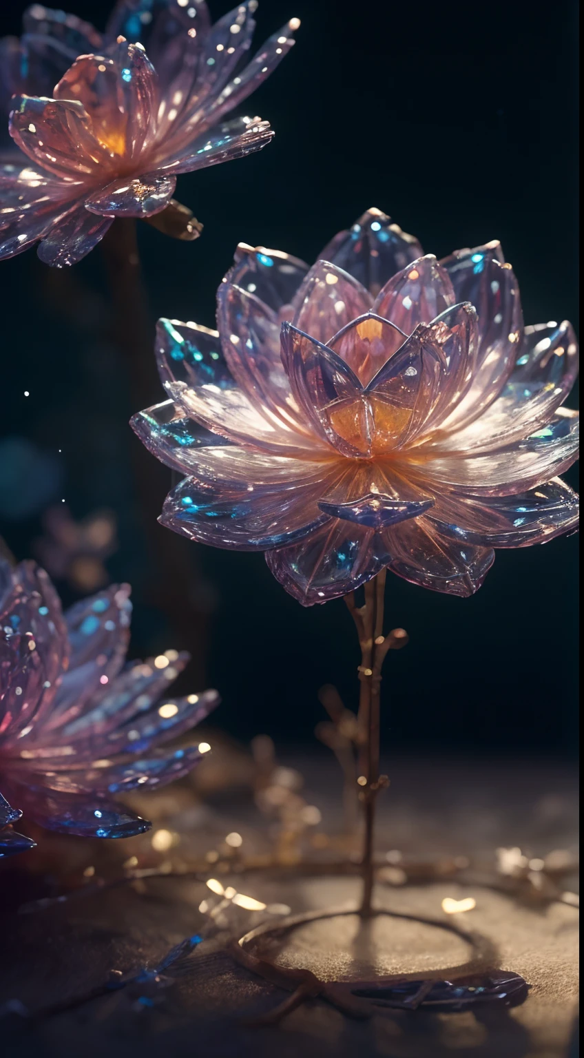 crystal blossom flower,
fantasy, galaxy, transparent,
shimmering, sparkling, splendid, colorful,
magical photography, dramatic lighting, photo realism, ultra-detailed, 4k, Depth of field, High-resolution