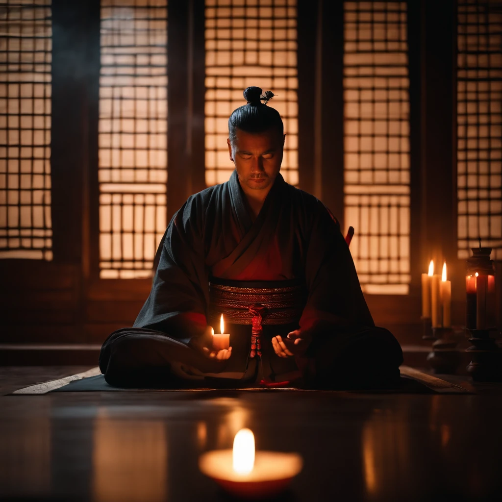 samurai homem meditando em um quarto escuro a luz de velas, as velas iluminando o ambiente (obra-prima) (8k high resolution) (melhor qualidade) (Ultra Definition) (Ultra realista)(Foto RAW) (Foto realista) (bright illumination)