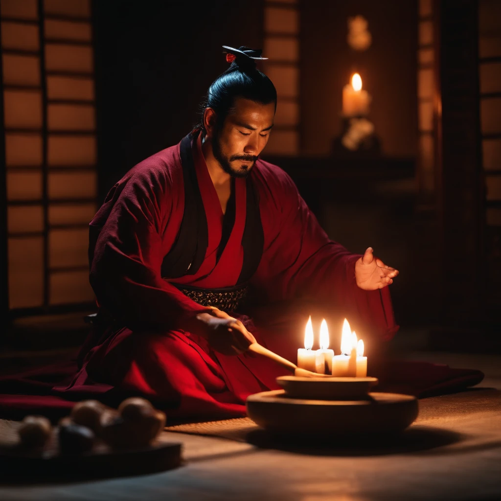 samurai homem meditando em um quarto escuro a luz de velas, as velas iluminando o ambiente (obra-prima) (8k high resolution) (melhor qualidade) (Ultra Definition) (Ultra realista)(Foto RAW) (Foto realista) (bright illumination)