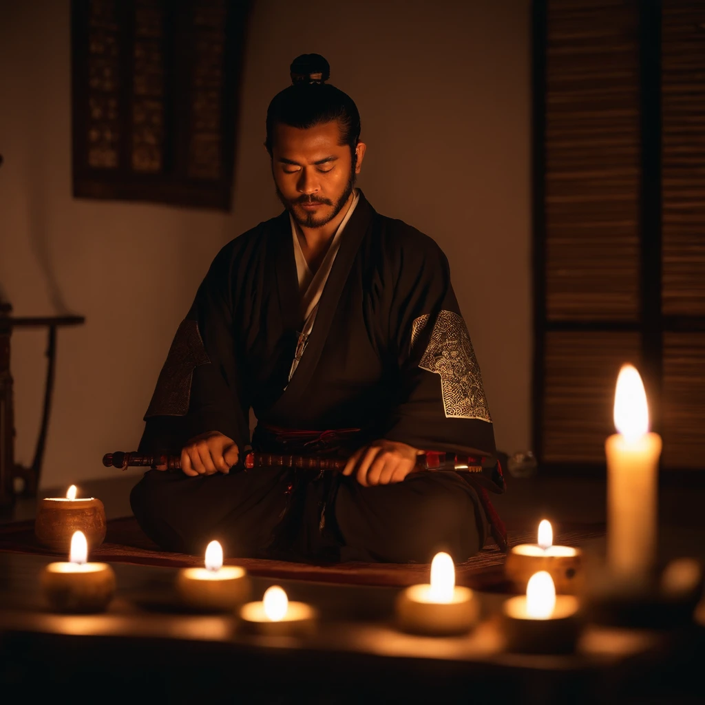 samurai homem meditando em um quarto escuro a luz de velas, as velas iluminando o ambiente (obra-prima) (8k high resolution) (melhor qualidade) (Ultra Definition) (Ultra realista)(Foto RAW) (Foto realista) (bright illumination)