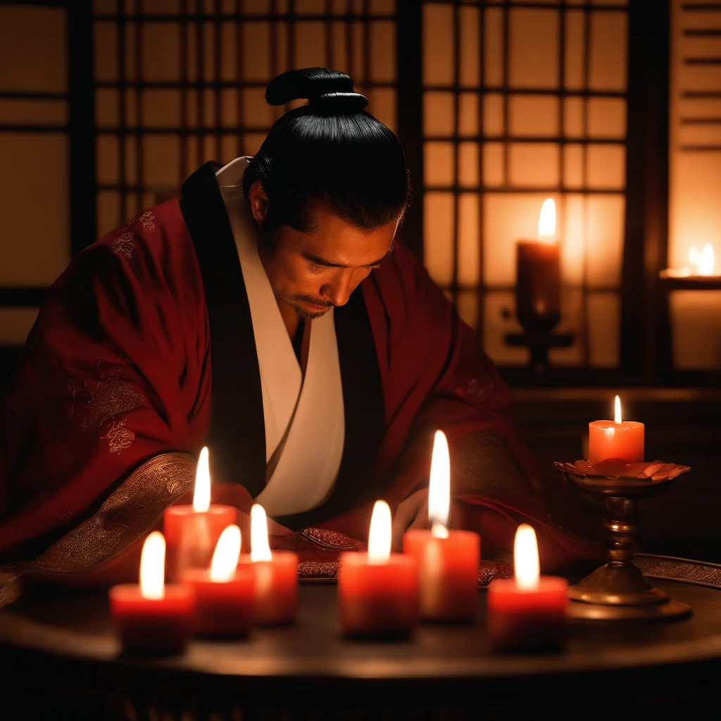 samurai homem meditando em um quarto escuro a luz de velas, as velas iluminando o ambiente (obra-prima) (8k high resolution) (melhor qualidade) (Ultra Definition) (Ultra realista)(Foto RAW) (Foto realista) (bright illumination)