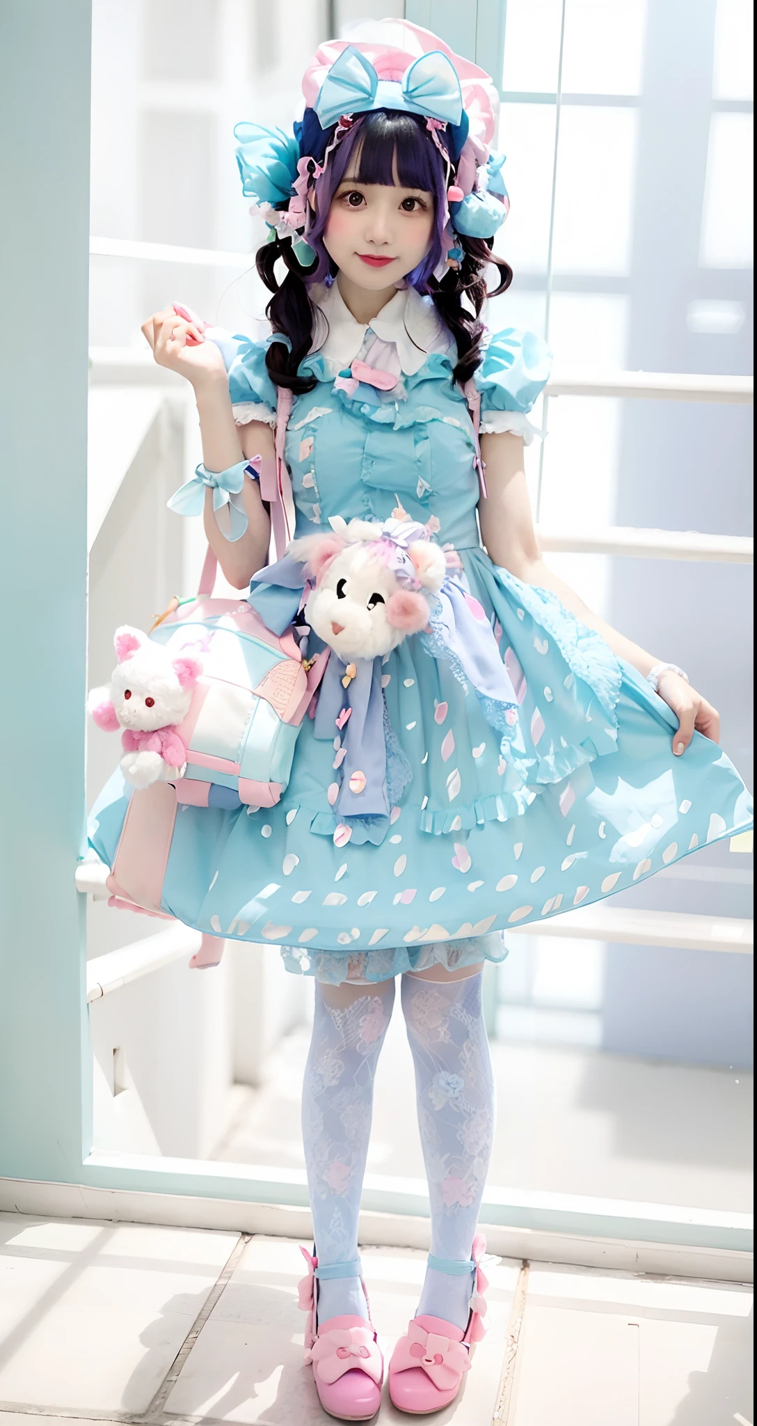Alafe in blue dress and pink shoes holding a teddy bear, angelic pretty, ta Fashion, Lolityle, candy pastel, Belle Delphine, Kawaii Style, kawaii decora rainbowcore, lovely pastel colors, Pastel blue and pink, pastel goth, pastel goth aesthetic, Pastel style, candy girl, dreamy style, colorful pastel, blue and pink