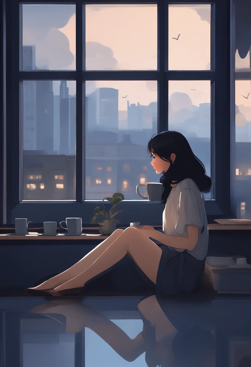 a girl, alone, sit close of window in floor, no furniture, on city, in the window it only shows the sky and the stars and fog, looking to starts in sky, drinking coffee, cold color palette, black hair, small dark blue shorts, normal dark blue blouse, anime, (close-up:1.1), (Bauhaus, shapes, lines, abstract:1.1)