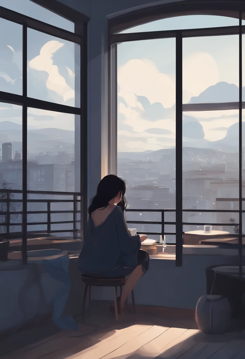 a girl, alone, sit close of window in floor, no furniture, on city, in the window it only shows the sky and the stars and fog, looking to starts in sky, drinking coffee, cold color palette, black hair, small dark blue shorts, normal dark blue blouse, anime, (close-up:1.1), (Bauhaus, shapes, lines, abstract:1.1)