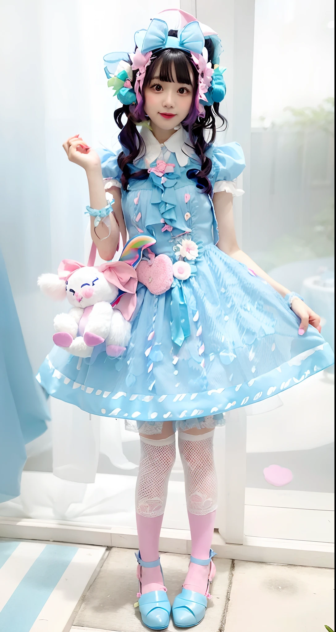 Alafe in blue dress and pink shoes holding a teddy bear, angelic pretty, Lolita Fashion, Lolita style, candy pastel, Belle Delphine, Kawaii Style, kawaii decora rainbowcore, lovely pastel colors, Pastel blue and pink, pastel goth, pastel goth aesthetic, Pastel style, candy girl, dreamy style, colorful pastel, blue and pink