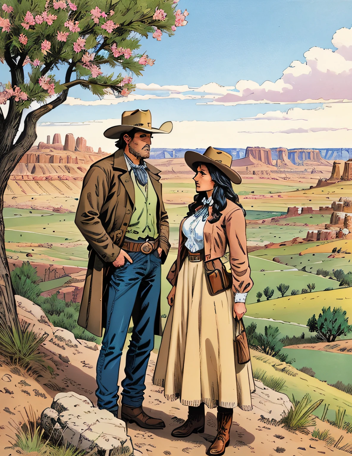 there is a man and woman standing under a tree in the country, western comic book style, western comic art, western comic book art, inspired western comic, western comic style, ( art fitzpatrick ), full color illustration, western comic, inspired by Mort Artists, in the old west, by David B. Mattingly, overlooking a valley, western background