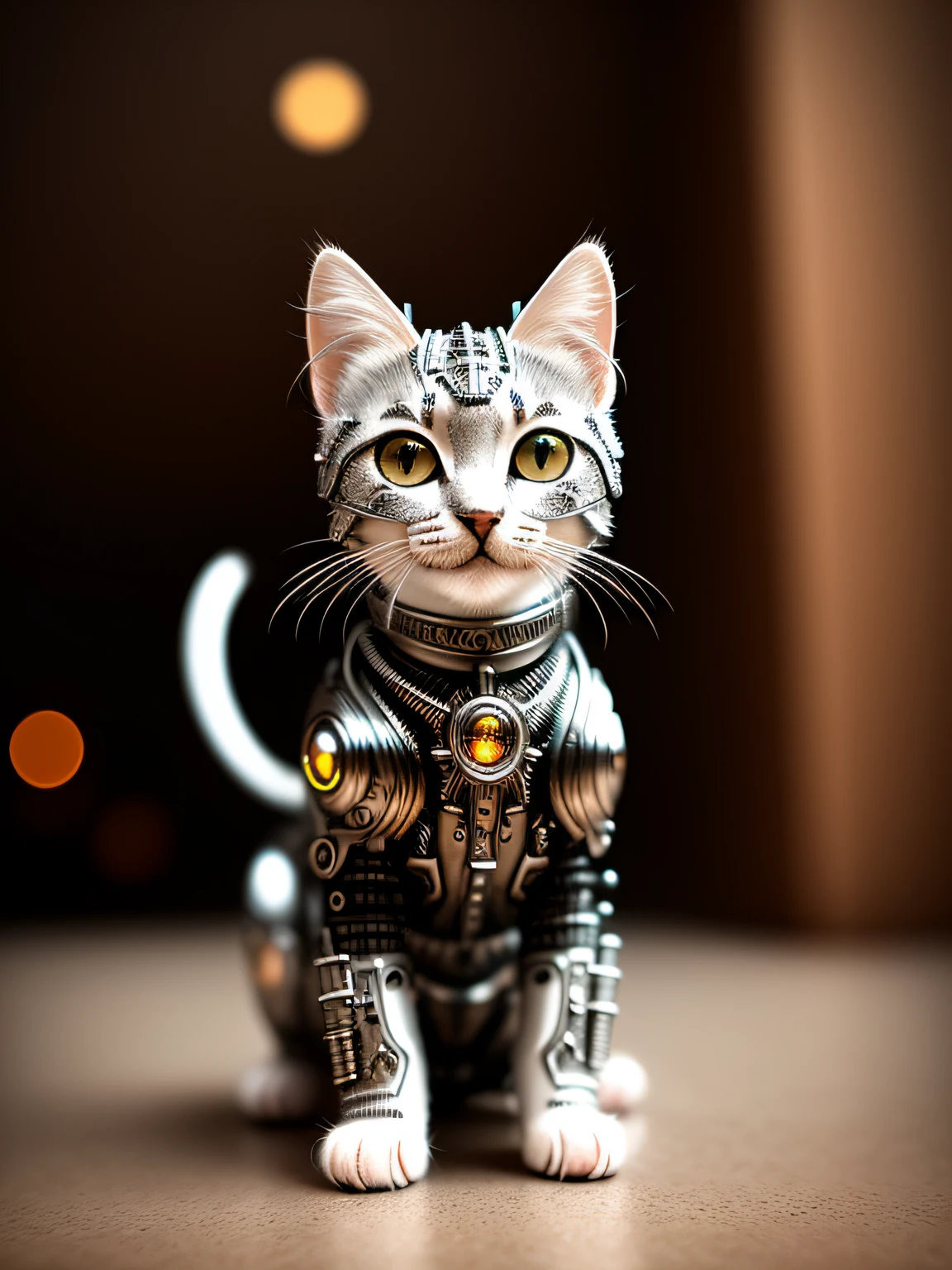 a cute kitten made out of metal, (cyborg:1.1), ([tail | detailed wire]:1.3), (intricate details), hdr, (intricate details, hyperdetailed:1.2), cinematic shot, vignette, centered