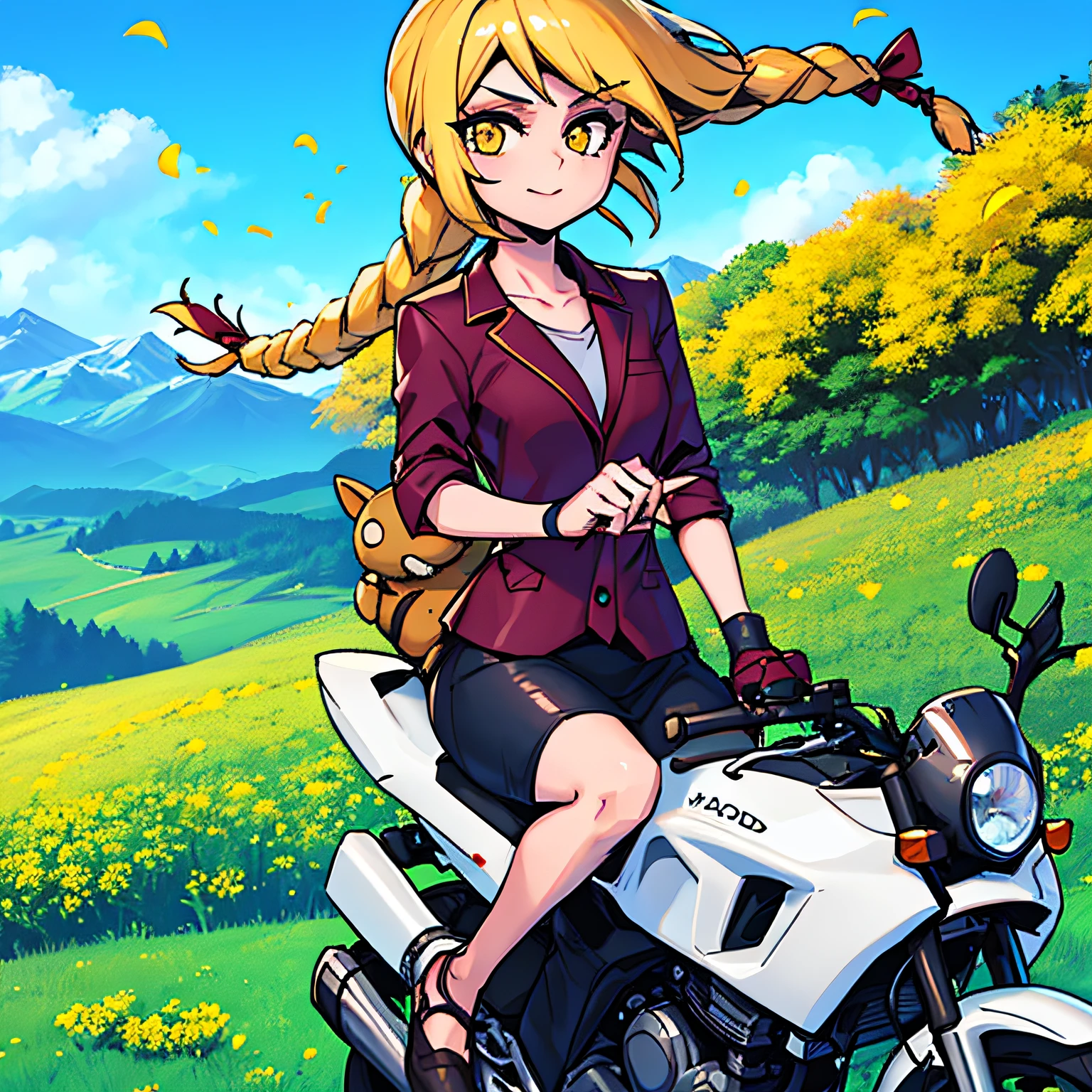 Yellow hair，Tie two twisted braids，Cute girl，Floral skirt，Riding a motorcycle，Honda CC110，Blue sky and white cloud background，Mountains in the distance，There are small yellow flowers，HD 4K，beautiful light